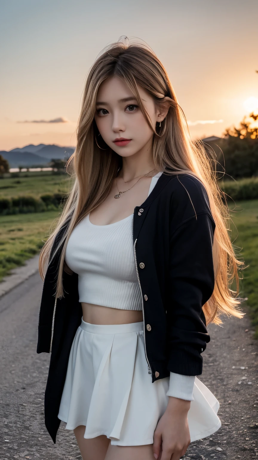 Masterpiece, Best quality, Dusk, Sunset, strong rimlight, Real, Realistic, incredibly_absurderes, sample, Girl, Long hair, alternate hair color, hair between , Wavy hair, view the viewer, Small , Collared shirt , Jacket, , White pantyhose, Earrings, jewelry, necklace, fingerless_mitts, arms behind head,