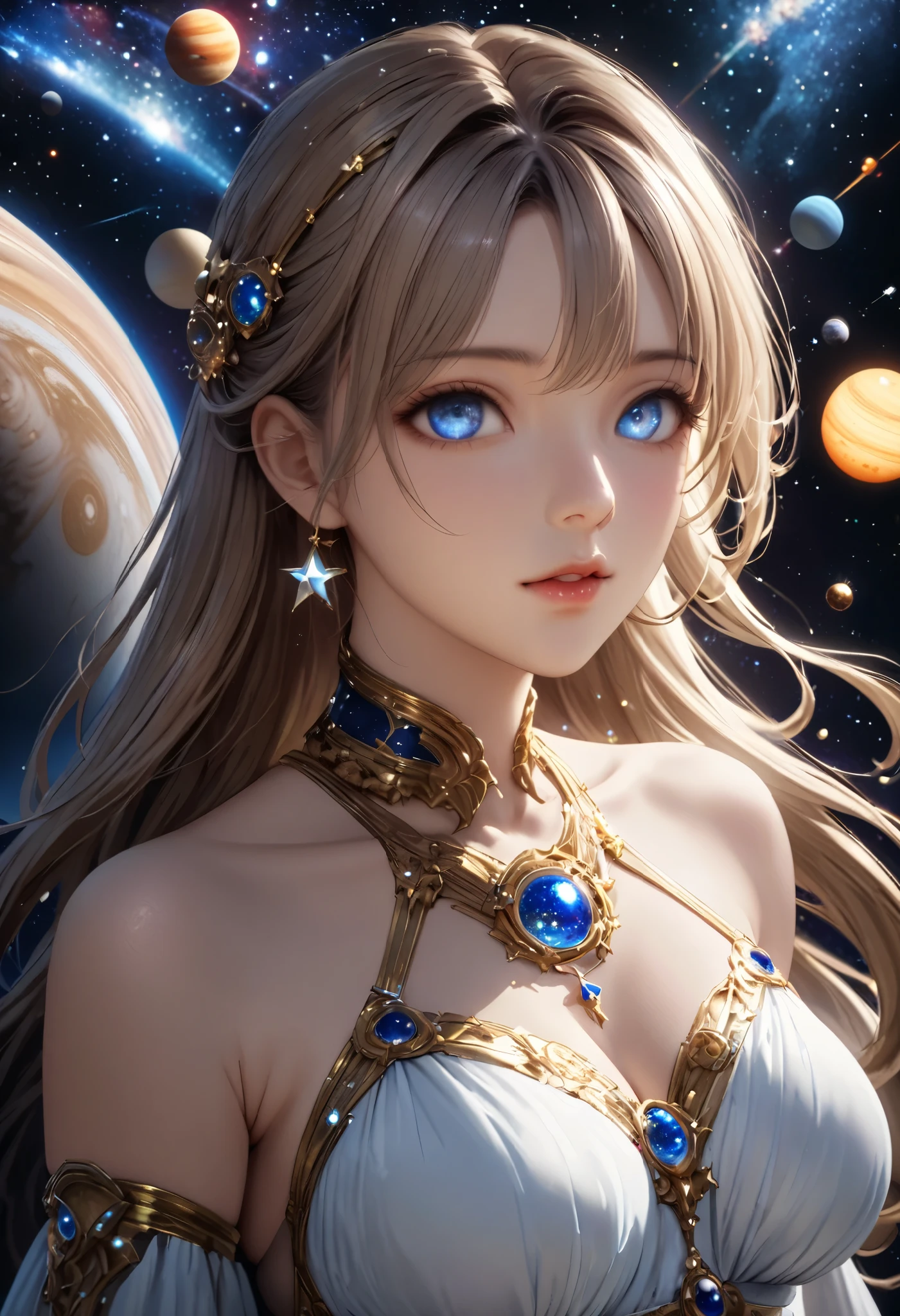 masterpiece, 最 High Quality ,  High Quality , 8k,  depth of field,  high definition , Realistic,  very detailed, Complex,  high detail, universe, space, milky way, star, 惑star, Celestial Bodies, solar system, universe線, 超新star, Deep space, There is only one goddess,  most beautiful woman with hanging eyes, universeに浮かぶ, digital illustration art,  