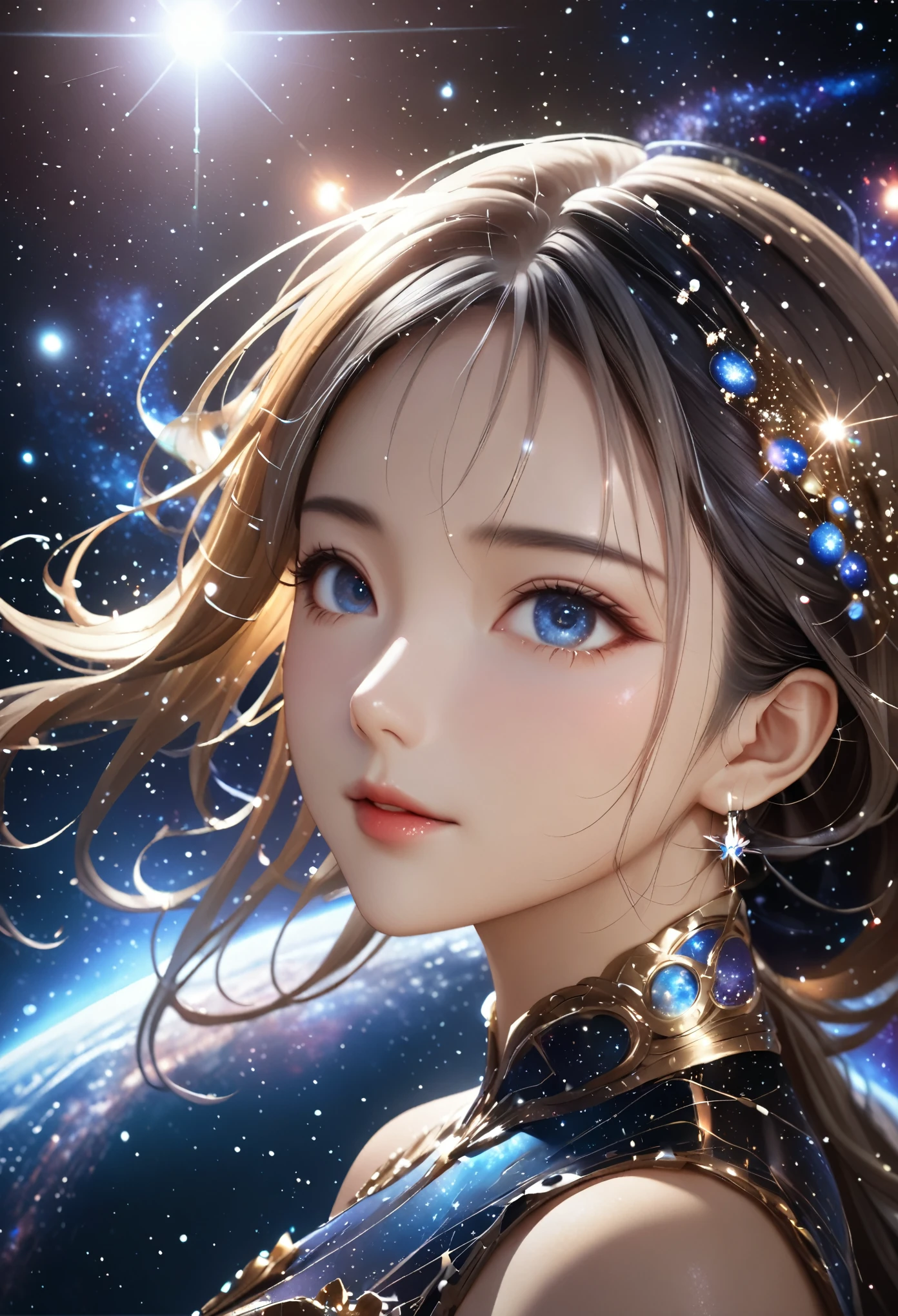 masterpiece, 最 High Quality ,  High Quality , 8k,  depth of field,  high definition , Realistic,  very detailed, Complex,  high detail, universe, space, milky way, star, 惑star, Celestial Bodies, solar system, universe線, 超新star, Deep space, There is only one goddess,  most beautiful woman with hanging eyes, universeに浮かぶ, digital illustration art,  