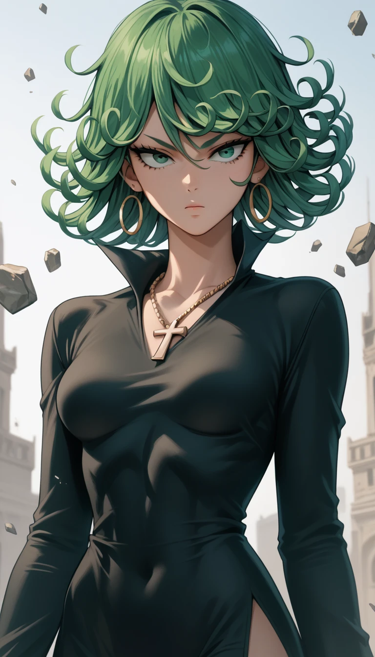 tatsumaki, short hair, green hair,curly hair,green eyes, very long hair,medium breast , black dress, long sleeves , earrings,hoop earrings,cross necklace,jewelry,poese.medium breasts, whole body 
High Resolution, Masterpiece, High Quality, Bangs, Hair Over One Eye, 