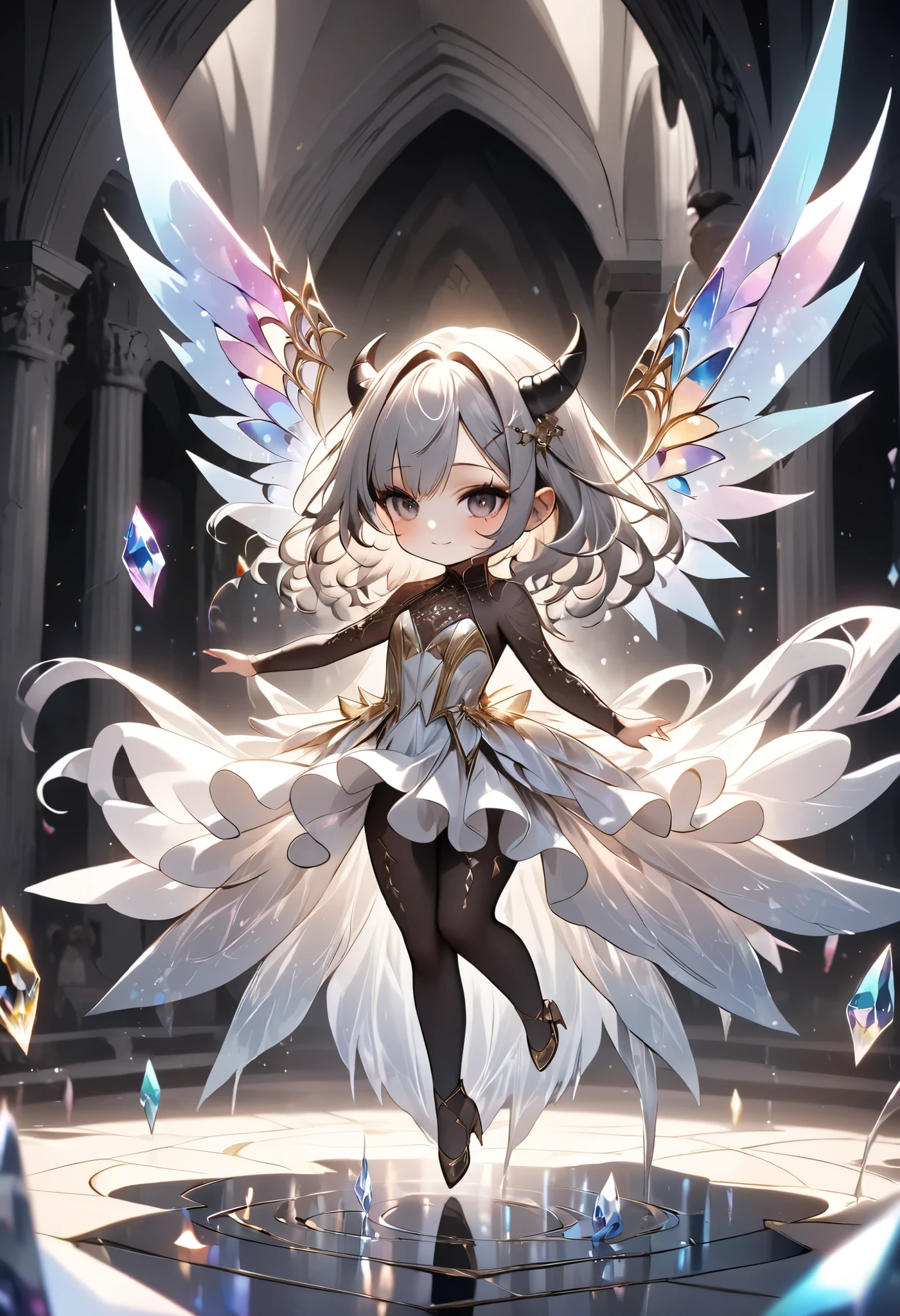 chibi, masterpiece, best quality, ultra-detailed, 1girl, dark gothic,drkgirl, demon attire, dark grow eyes, soft smile, light-filled background resembling death palace, crystal effect,flowing white and gold outfit, wings adorned with subtle sparkles, floating gracefully, dynamic pose, magical aura, pastel and soft lighting, whimsical and ethereal atmosphere, delicate and graceful composition