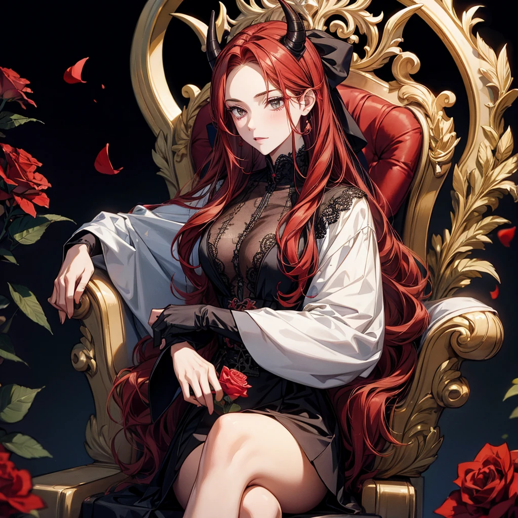 8k, masterpiece, best quality, 1girl, tiefling, warlock, crimson hair, long hair, glasses, earrings, mole under eye, sexy, black and gold clothes, miniskirt, garter belt, high heels, navel, white shirt, collar bone, holding whip, villainous, smirk, flirtatious, tail, 