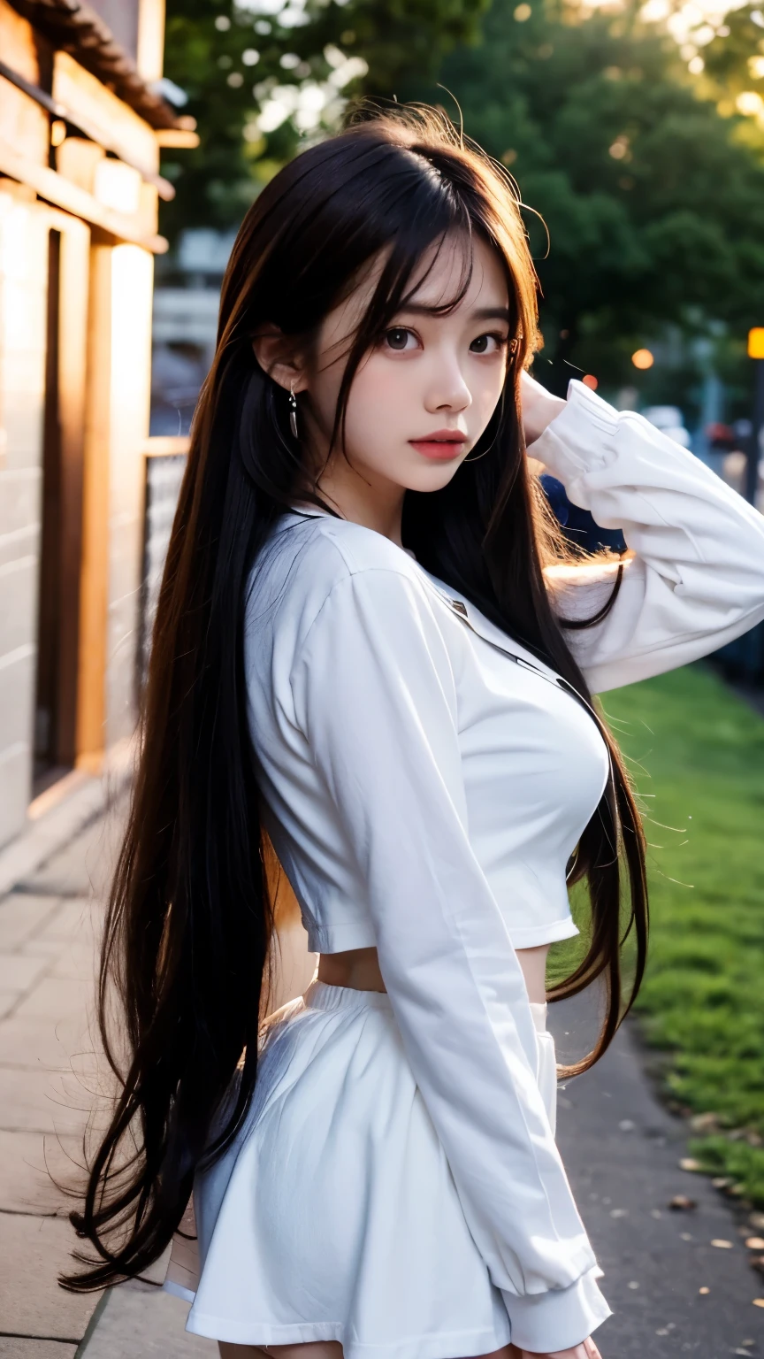 A superb exquisite real beauty girl, black long curly hair, exquisite facial features, peerless beauty, white shirt, black jeans, serious face, soft, dreamy quality, light white and dark brown, exaggerated facial features, solid color, frank off-white, surreal, blue gem necklace, ultra-clear, beautiful young girl, cute and lively, super short tights, background by the window