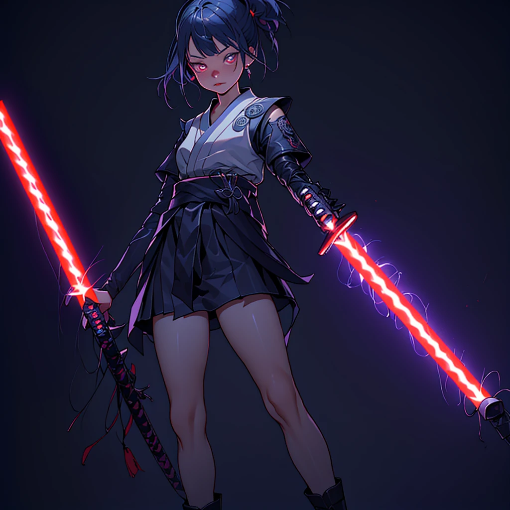 1girl,((( Best Composition 、 best quality、 masterpiece、Super detailed、 high definition、32K,CG,HHD))),Oiran、((( I'm wearing a lightsaber around my waist))),Neon light background 、The moment I'm waving my lightsaber、