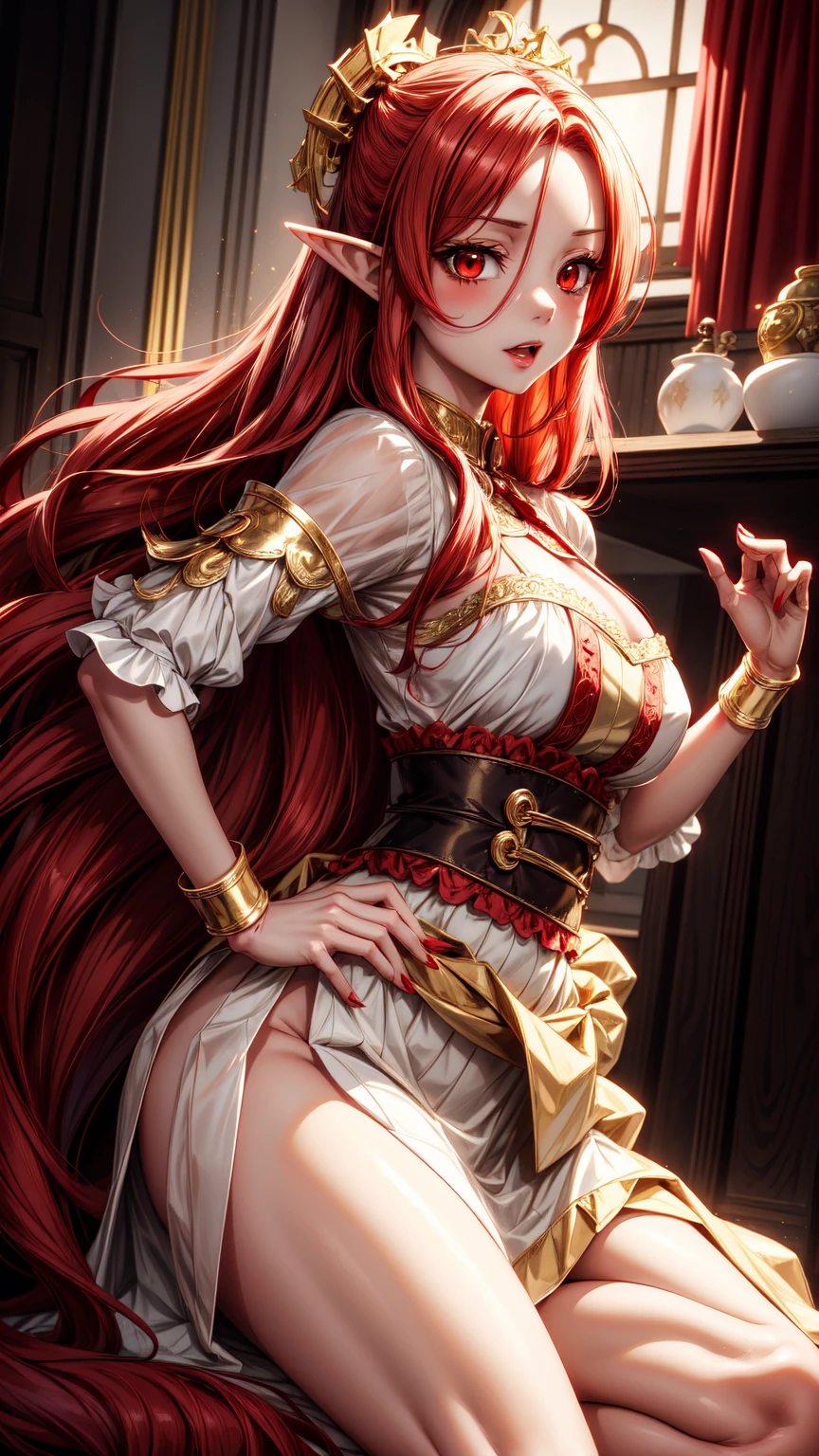 Sunsethuman, Sunset Shimmer, Sunset Shimmer from my little pony, Sunset Shimmer in the form of a girl, medium breasts, lush breasts, voluminous breasts, firm breasts, five fingers, detailed hands, two hair tones, red and yellow hair, happy face, maid, black and white maid outfit, standing on her feet, cleaning, apartment, rags, mop, bucket of water, full-length, revealing outfit
