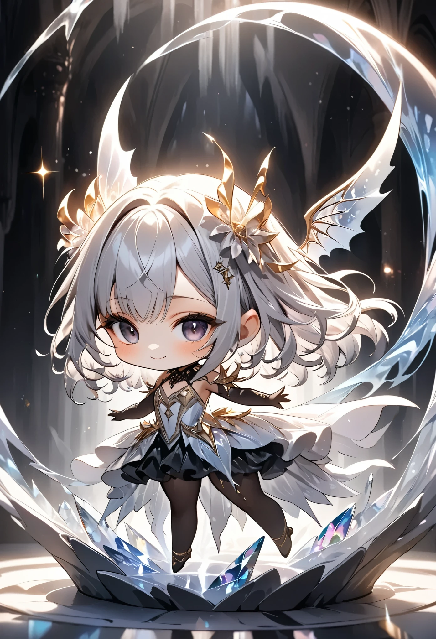 chibi, masterpiece, best quality, ultra-detailed, 1girl, dark gothic,drkgirl, demon attire, dark grow eyes, soft smile, light-filled background resembling death palace, crystal effect,flowing white and gold outfit, wings adorned with subtle sparkles, floating gracefully, dynamic pose, magical aura, pastel and soft lighting, whimsical and ethereal atmosphere, delicate and graceful composition