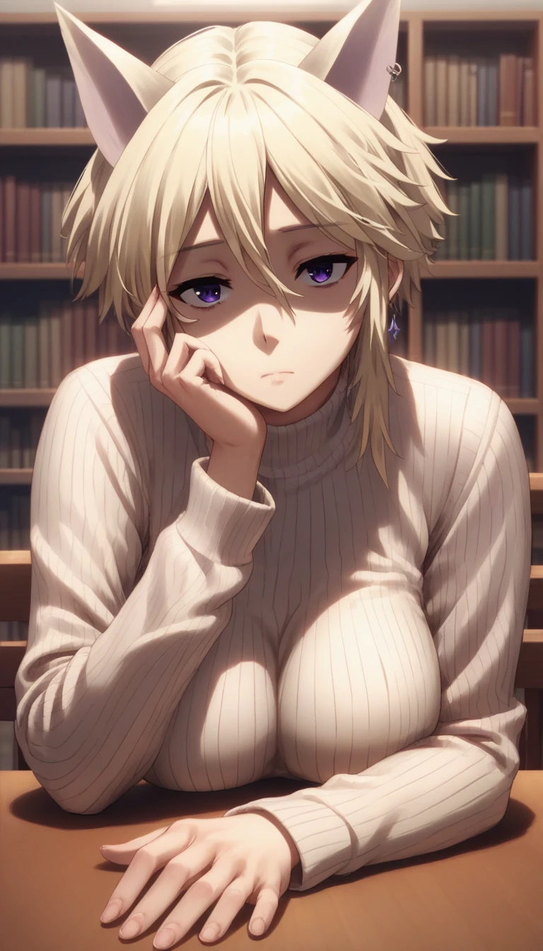 score_9, score_8_up, score_7_up, score_6_up, uncensored, zeta, animal ears, purple eyes, blonde hair, short hair, BREAK (masterpiece:1.2), best quality, high resolution, (detailed eyes:1.3), perfect lighting, (perfect hands, perfect anatomy), large breasts, hearts, pleasured, solo, blurry, 1girl, depth_of_field, earrings, blurry_background, breasts, jewelry, bookshelf, indoors, table, sweater, solo, looking_at_viewer, blurry_foreground, long_sleeves, closed_mouth, pantyhose, hand_on_own_cheek, sidelocks, breast_rest, ribbed_sweater