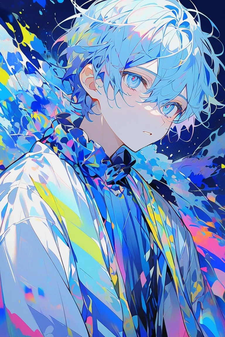 male　 cute　Shota　Blue hair and blue eyes 　 short　Colorful based on blue　Background、It feels like it's between night and morning