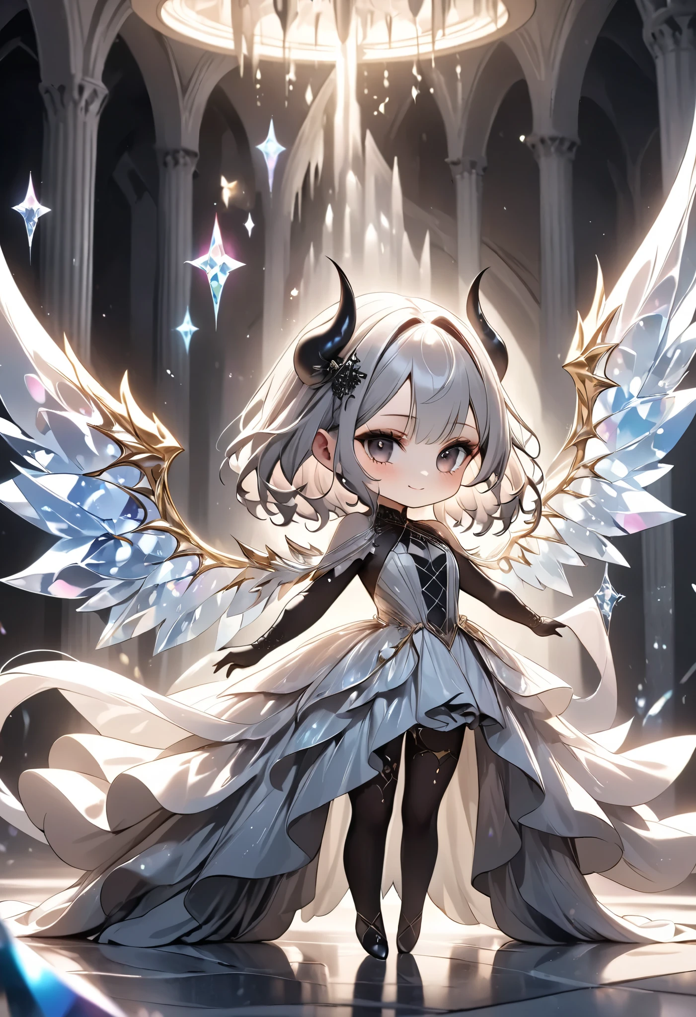 chibi, masterpiece, best quality, ultra-detailed, 1girl, dark gothic,drkgirl, demon attire, dark grow eyes, soft smile, light-filled background resembling death palace, crystal effect, flowing white and gold outfit, wings adorned with subtle sparkles, floating gracefully, dynamic pose, magical aura, pastel and soft lighting, whimsical and ethereal atmosphere, delicate and graceful composition