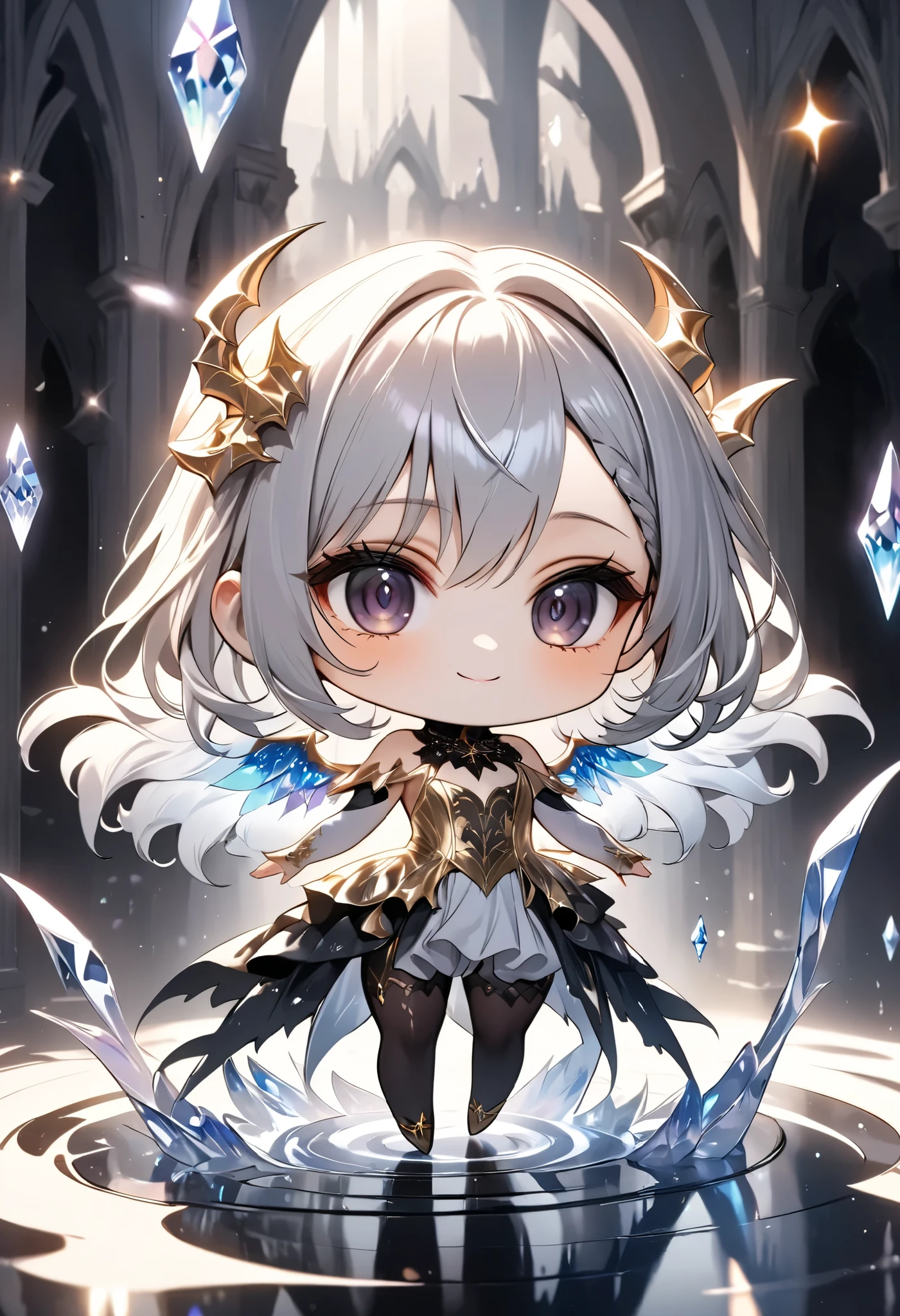 chibi, masterpiece, best quality, ultra-detailed, 1girl, dark gothic,drkgirl, demon attire, dark grow eyes, soft smile, light-filled background resembling death palace, crystal effect, flowing white and gold outfit, wings adorned with subtle sparkles, floating gracefully, dynamic pose, magical aura, pastel and soft lighting, whimsical and ethereal atmosphere, delicate and graceful composition