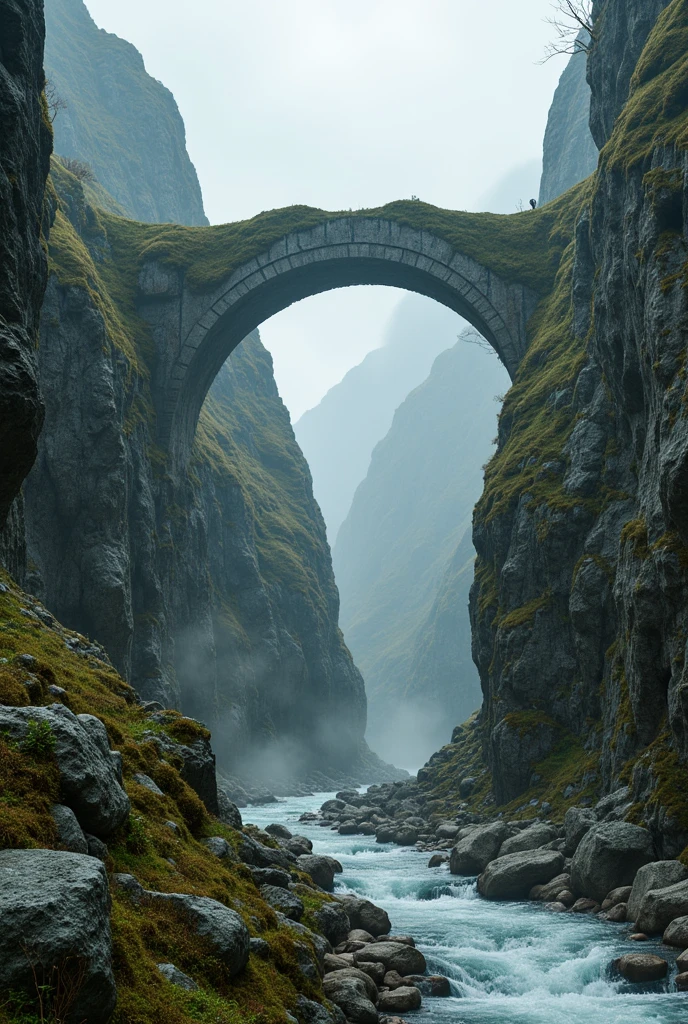 ( photorealism , of maximum quality ,8 k ,HDR) view from the eyes,( first person view ) look up and see how an ancient half-destroyed stone gorge crosses us, the bridge covered with cracks and moss , doors crosses the gorge above our head ,его скрыввает fog так, that you can't see the end of the bridge ,fantasy style,  maximum details , realistic stones and mountains ,fog,the gorge with a stream ,