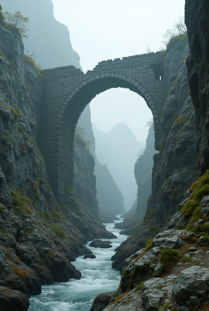 ( photorealism , of maximum quality ,8 k ,HDR) view from the eyes,( first person view ) look up and see how an ancient half-destroyed stone gorge crosses us, the bridge covered with cracks and moss , doors crosses the gorge above our head ,его скрыввает fog так, that you can't see the end of the bridge ,fantasy style,  maximum details , realistic stones and mountains ,fog,the gorge with a stream ,