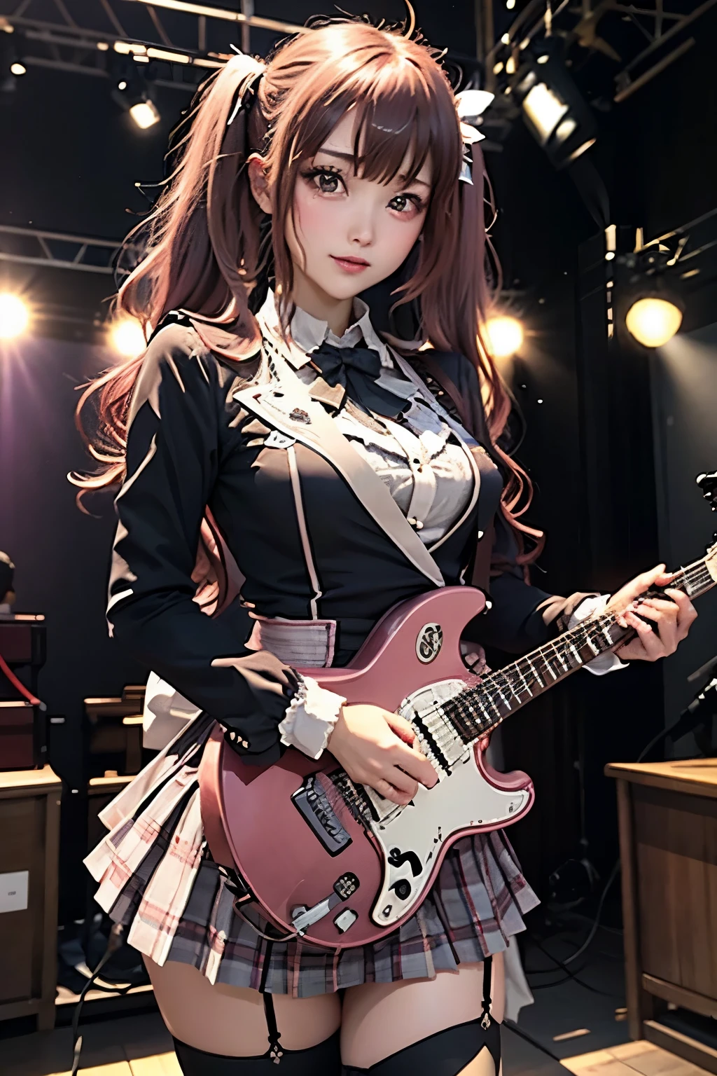 High school girl blazer、uniform、 Red Check Knee Length Skirt、 long skirt、JK Style、 jacket、smile、 knee-high socks、 thigh high socks 、 pantyhose、Superb Beauty 、Super cute、ennui、 Rare Beauty 、 twin tail hair、 Dark Dark Eye Shadow 、 sad、Skin radiance、 long hair straightener 、 Dark Gothic Makeup 、Dark Smile、 Fragrant Beauty 、 Stained Glass Background 、masterpiece、 best quality、See 5 books、Sweat glistening on my chest、Sweat glistening on the face、 smaller breasts、Dark pink hair、22 years old、Slightly slim、 Mysterious Expressions 、Sad look、 pink hair、mysterious gothic church、 Fascinating Castle 、Excessive sweating all over the body、Thighsに大量の汗と光、光沢のあるThighs、Thighs、Thighsに大量の汗が光る、 I sweat a lot、Gal、 smaller breasts、 Japanese face 、 Seductive Expression 、細いThighs、Playing guitar、 holding an electric guitar 、Sing passionately、バンドでPlaying guitar、 Playing Guitar Chords 、 Live House Background 、 songs、 open your mouth 、 Live House Scenery 、 microphone stand、 gorgeous live stage 、 Dynamic Angles、
