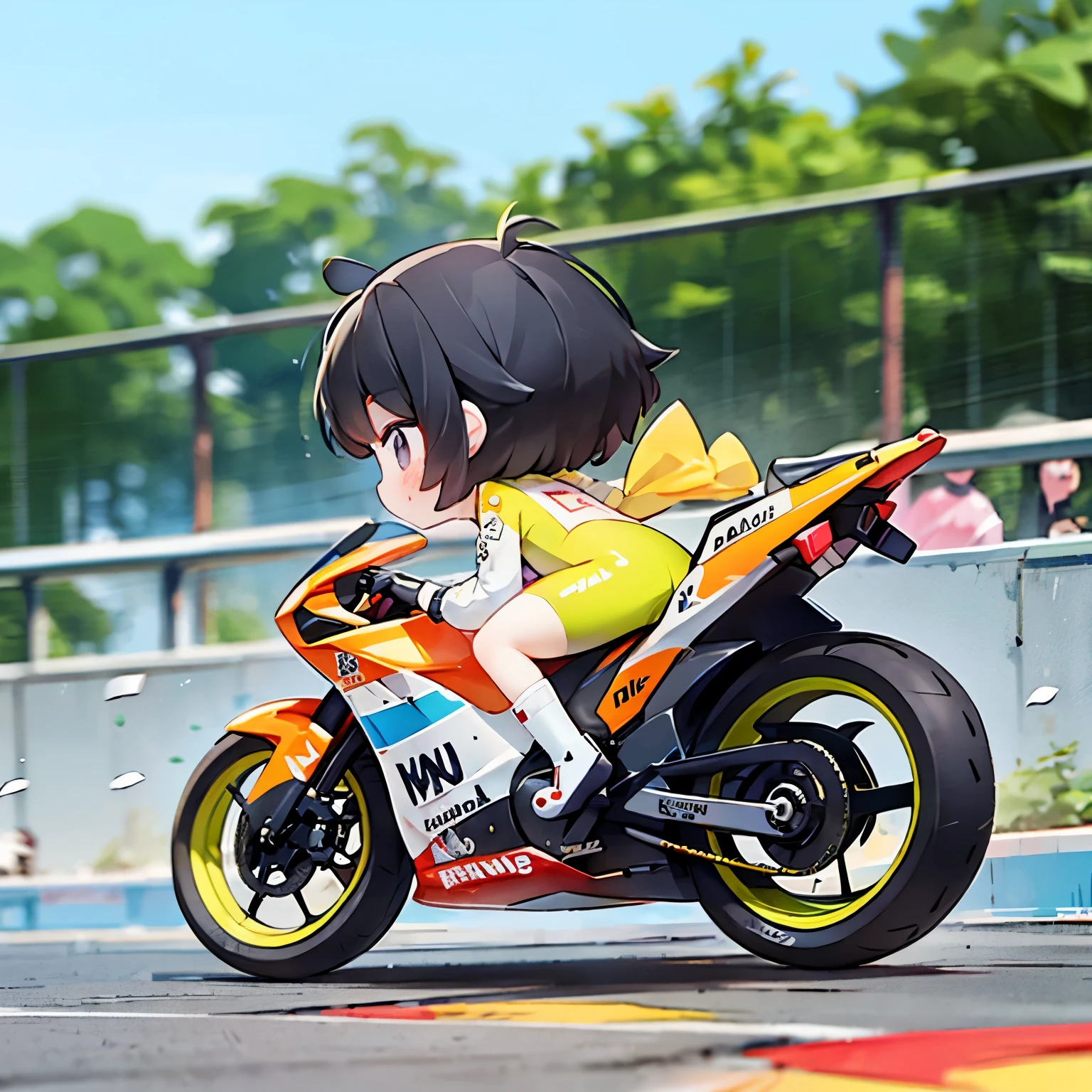  tiny mascot girl  , Rear viewの姿勢 of a female racer racing on a road bike,  black hair ,  semi-long,  stylish  ,  road bike racing  , 複数のロードレーサーが熾烈な戦いを繰り広げる舞台裏 , speed, Elevate your mood,  Panoramic View, Rear viewの姿勢 of a female racer chasing another female racer running in front of her, Tracking from behind  , Rear view，