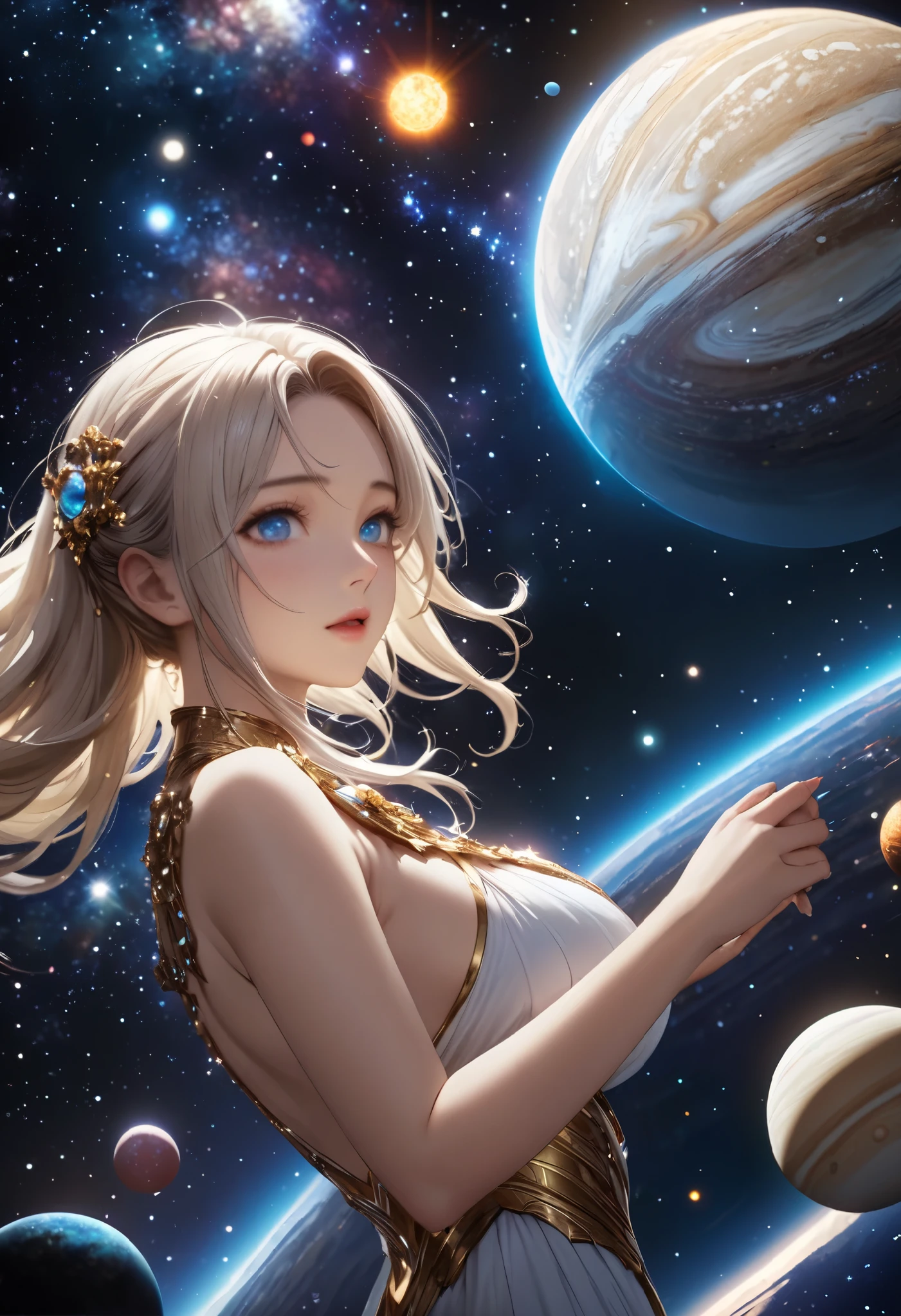 masterpiece, 最 High Quality ,  High Quality , 8k,  depth of field,  high definition , Realistic,  very detailed, Complex,  high detail, universe, space, milky way, star, 惑star, Celestial Bodies, solar system, universe線, 超新star, Deep space, There is only one goddess,  most beautiful woman with hanging eyes, universeに浮かぶ, digital illustration art,  