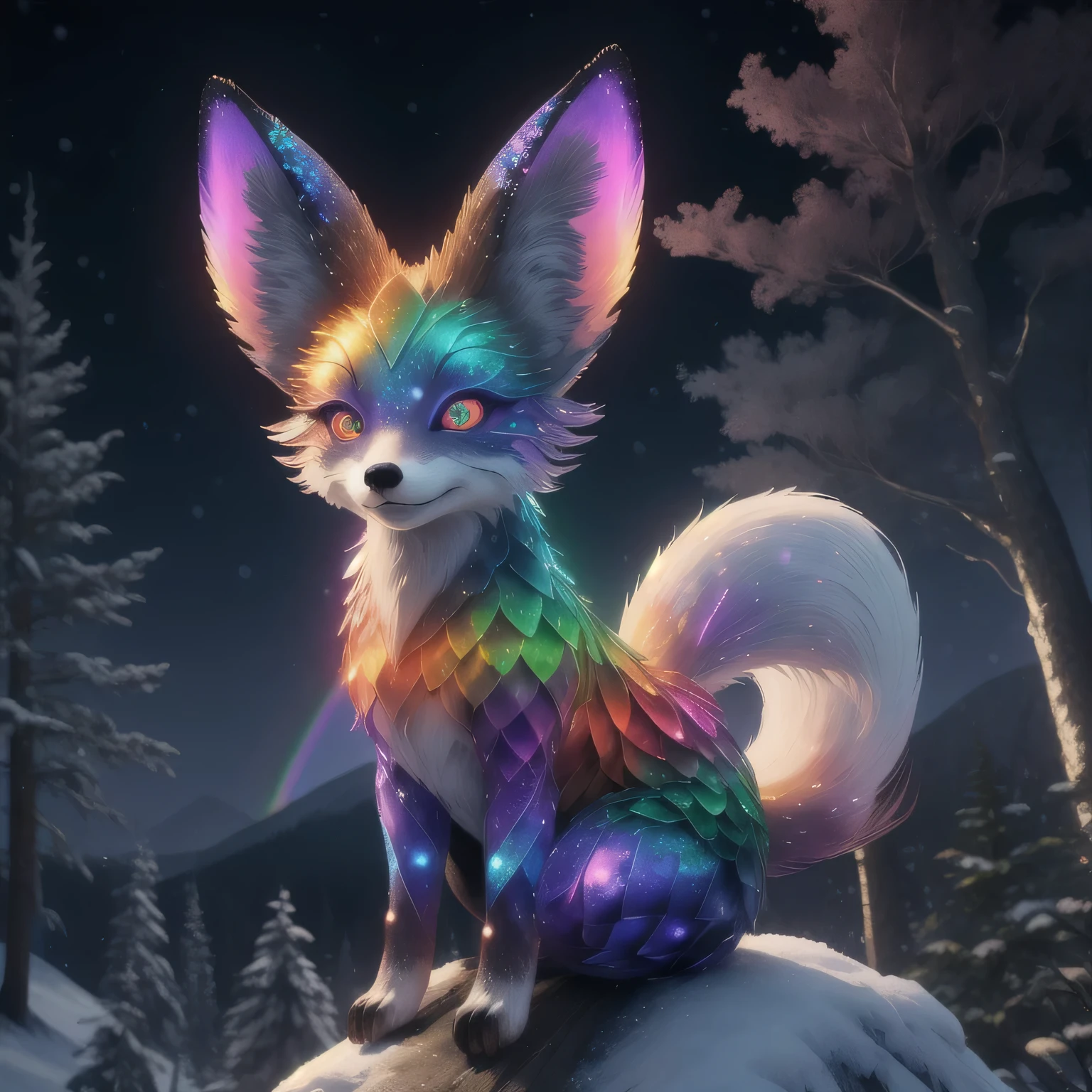  painting of a mythical fox spirit with sparkling rainbow scales, with glowing eyes , looking at the viewer on a cliff ,  snowy forest in the background — a masterpiece ,  better quality,  high quality,  High resolution,  ultra-detailed 