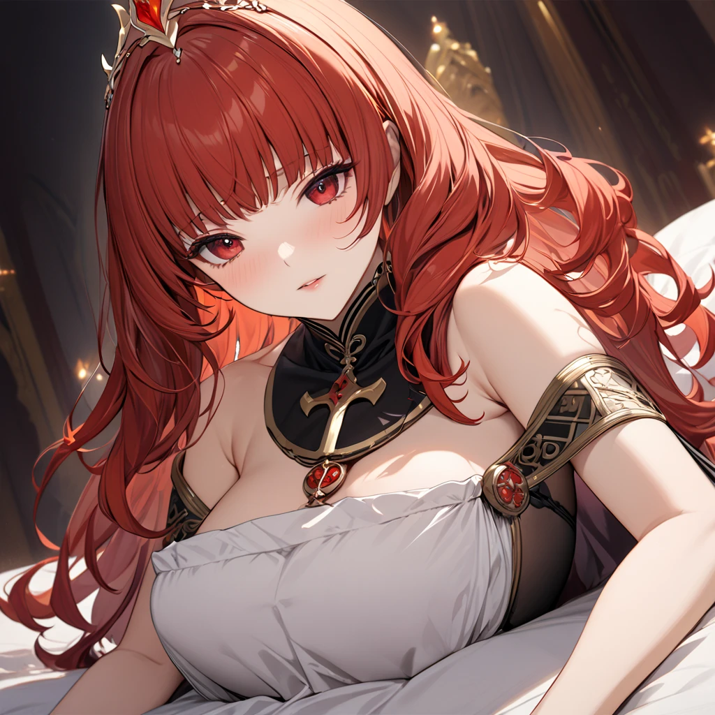 The woman wearing the dress of the Dark Priest of the Evil Doma Order has beautiful red hair and is naked in love with the old man the priest of the Doma Order and the old man of the Guru on a luxurious bed、(( best quality)), ((masterpiece)), ( Details), （ perfect face）,Women are red-haired Celica with excellent proportions 