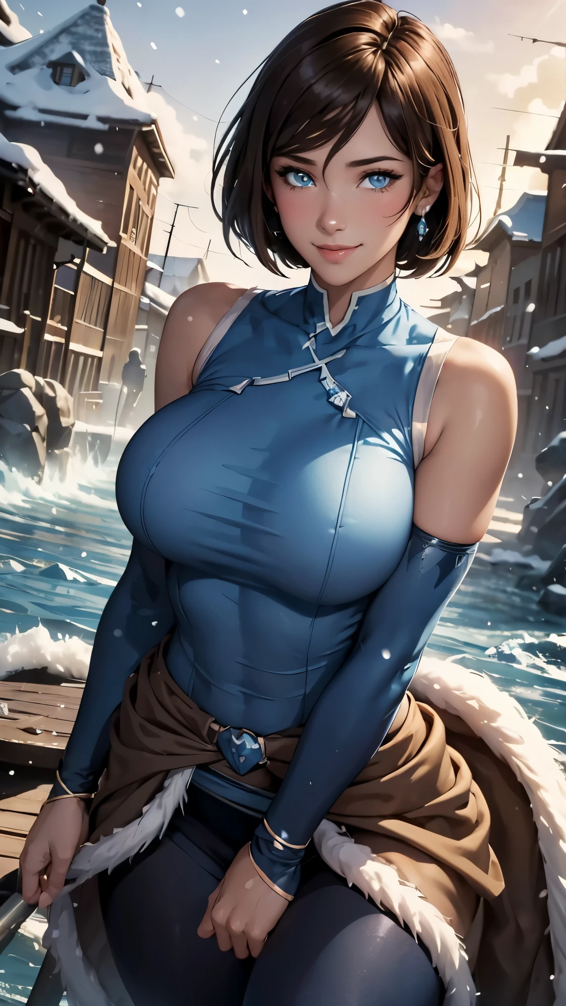 Korra da avatar,(best qualityer,4K,8k,high resolution,work of art:1.2)(weather: snowing), tundra town background, sleeveless top, choker necklace, elbow long gloves, tight leggings, winter belt, fur boots, fur dress trail,short straight hair, brown hair, ultra detailed,realisitic,portraite,beautiful detailed blue eyes, glowing eyes,blush,beautiful detailed lips,extremely detailed eye and face, long eyelashes,sexly,average, medium breasts,beaming smile, sexy smile,powerful girl in a battle, sexy pose, stunning curves,bright coloured,dramatic lighting, water bending,