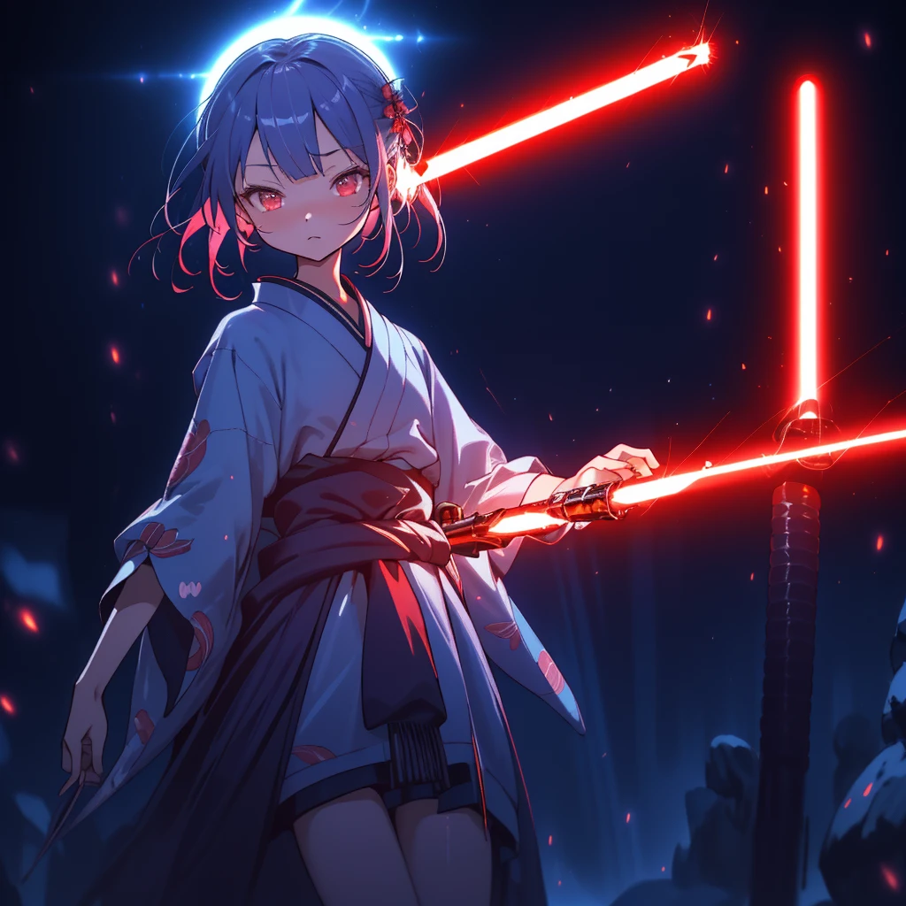 1girl,((( Best Composition 、 best quality、 masterpiece、Super detailed、 high definition、32K,CG,HHD))),Oiran、((( lightsaber around my waist))),Neon light background 、The moment I'm waving my lightsaber、Mini-length kimono、Bright red full moon、The red light of the moon illuminates the world I'm wearing a 、