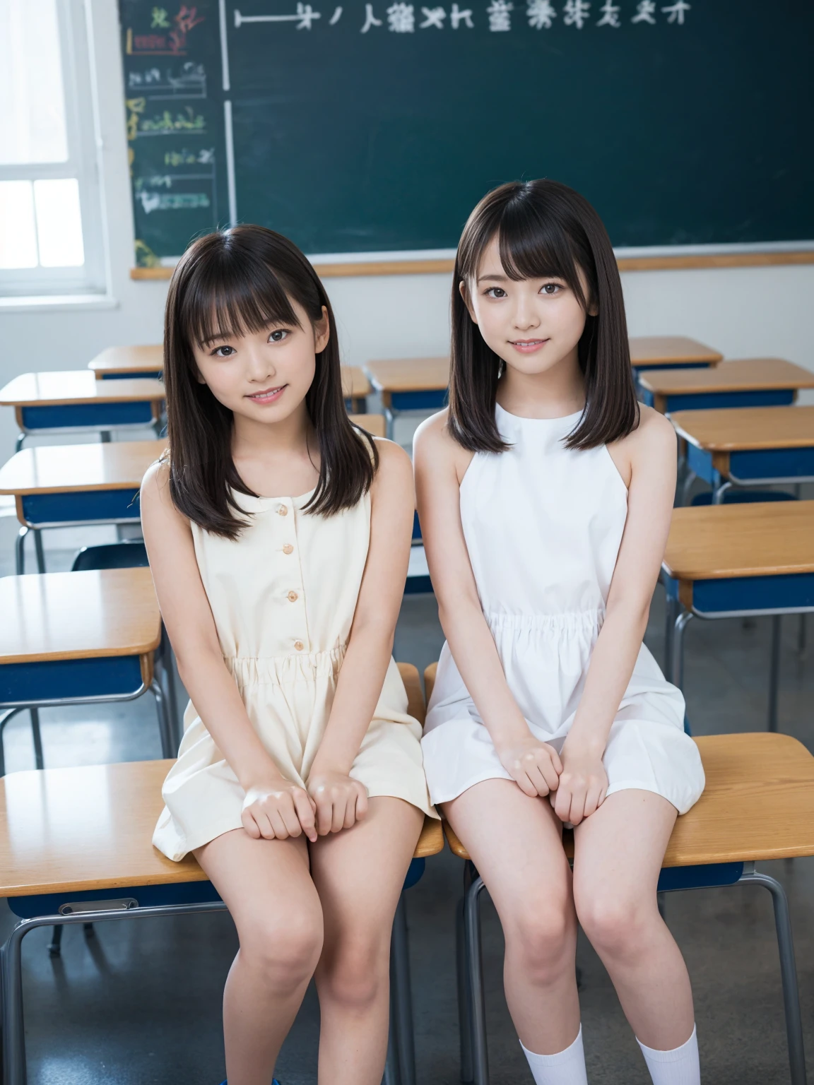 (( best quality)), ((masterpiece)), (  Details),  2 women,Age 10,cute, small breasts, female elementary school student,(( naked 1.3)), brown hair,classroom,Above Knee Shot 