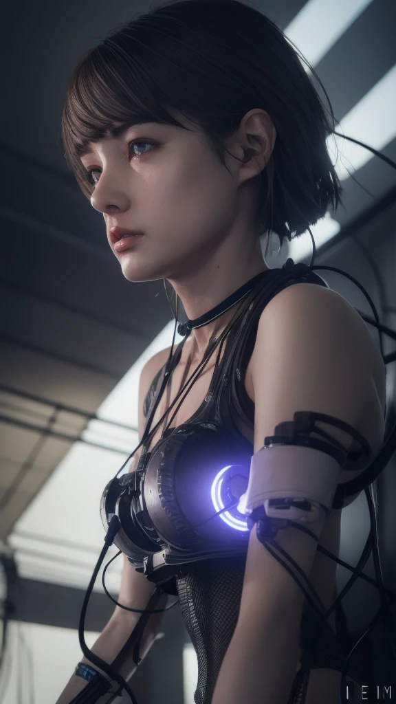 Top Quality, Masterpiece, Ultra High Resolution, (Photorealistic: 1.4), Raw Photo, 1 Girl, Black Hair, Glossy Skin, 1 Mechanical Girl, (Ultra Realistic Detail)), Portrait, Global Illumination, Shadows, Octane Rendering, 8K, Ultra Sharp, Big, Cleavage Exposed Raw Skin, Metal, Intricate Ornament Details, Headset, Hydraulic cylinder, very intricate details, realistic light, CGSoation trend, purple eyes, glowing eyes, facing the camera, neon details, mechanical limbs, blood vessels connected to the tube, mechanical vertebrae attached to the back, mechanical cervical attachment to the neck, sitting, wires and cables connecting to the head, evangelion, cyberpunk, small LED lamp, The background is the cockpit of a futuristic spaceship