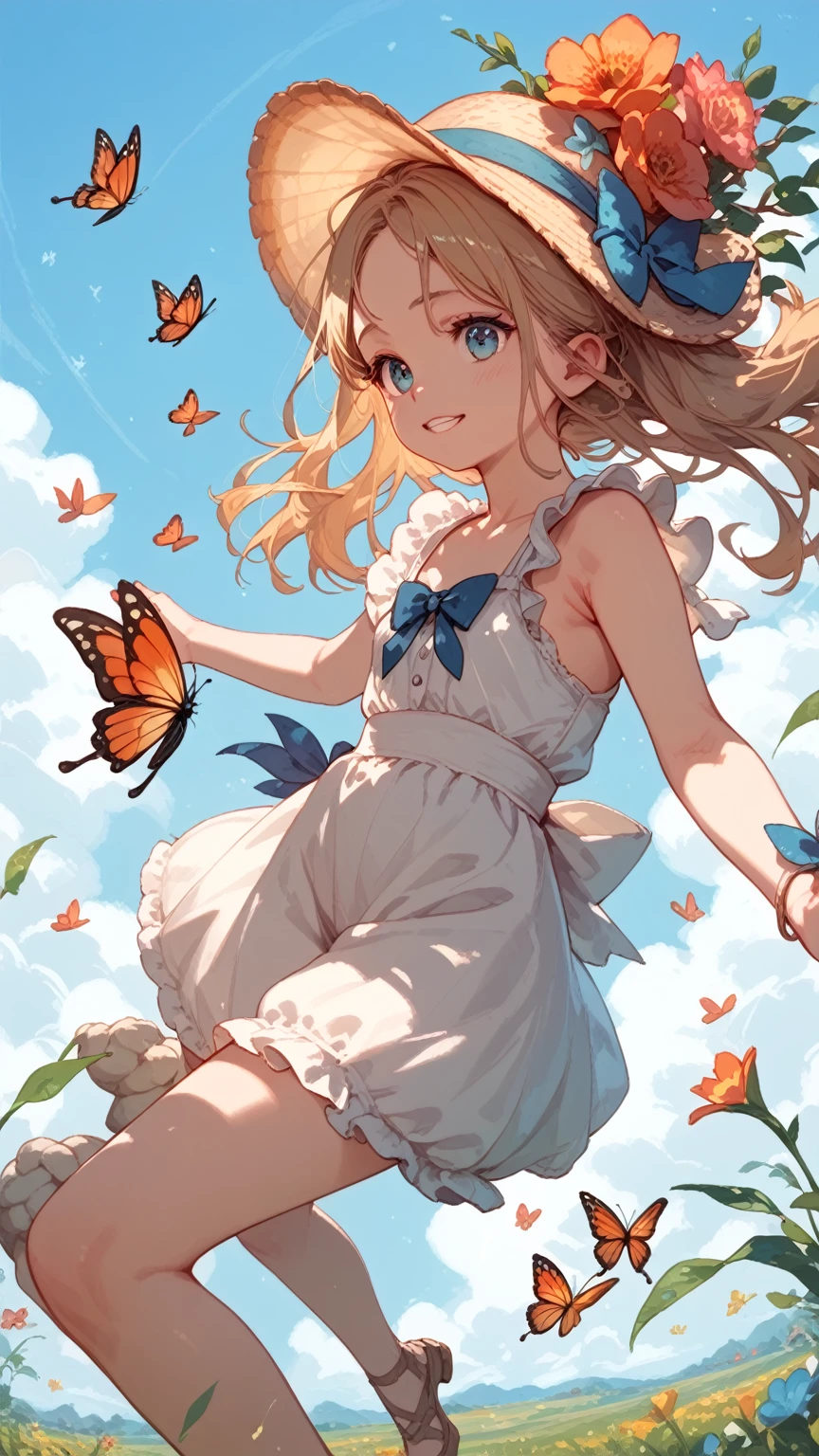 Butterfly woman, cute, scary, monster, flying around the flower field, scattering scales