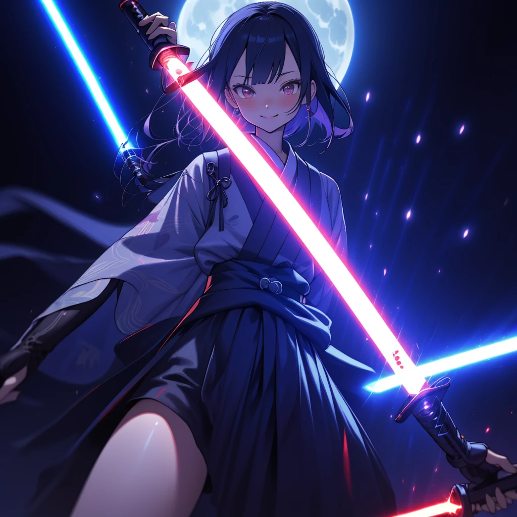 1girl,((( Best Composition 、 best quality、 masterpiece、Super detailed、 high definition、32K,CG,HHD))),Oiran、((( lightsaber around my waist))),Neon light background 、The moment I'm waving my lightsaber、Mini-length kimono、Bright red full moon、The red light of the moon illuminates the world I'm wearing a 、smile、strongest、