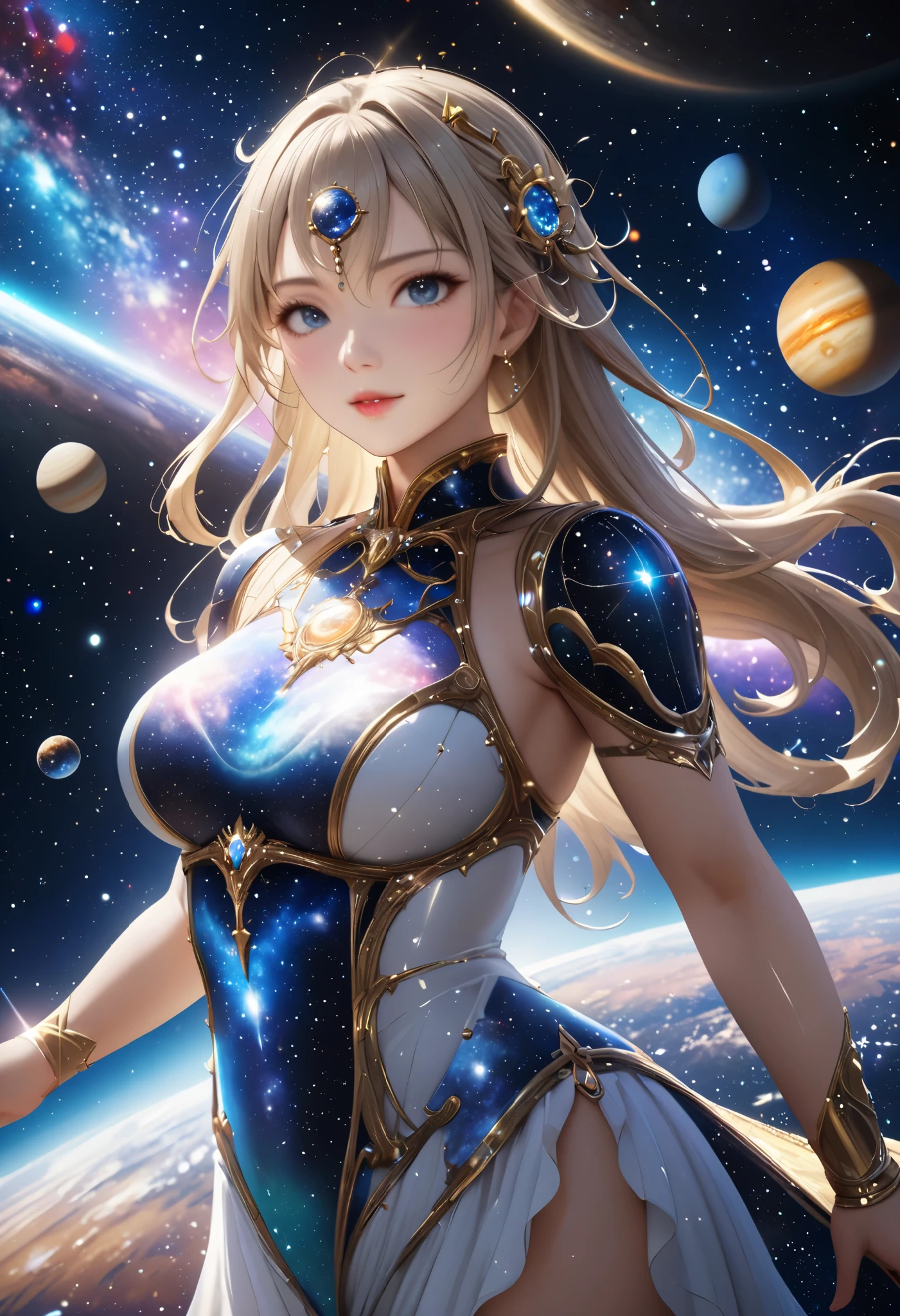 masterpiece, 最 High Quality ,  High Quality , 8k,  depth of field,  high definition , Realistic,  very detailed, Complex,  high detail, universe, space, milky way, star, 惑star, Celestial Bodies, solar system, universe線, 超新star, Deep space, There is only one goddess,  most beautiful woman with hanging eyes, universeに浮かぶ, digital illustration art,  