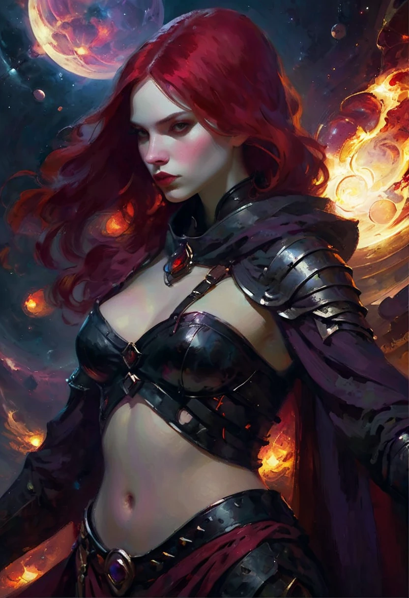 Can barely control her psionic power.
((realistic illustration:1.4)). Under a blood red supernova. beautiful 22yo Russian woman, ((revenant)), long magenta hair, fire red eyes,(Eurasian),perfect figure, small natural breasts.nice legs,((ashen complexion, very pale:1.4)),  ((sorrow, deep regret)). Eyeshadow, mascara, black lipstick. black leather bustier, black shoulder pauldrons. gauntlets, thigh high boots. ((hooded cloak, (elegant mask:1.4))). Passionate lust, violent desire that will not be denied.
(moody lighting, high contrast, core shadows), 