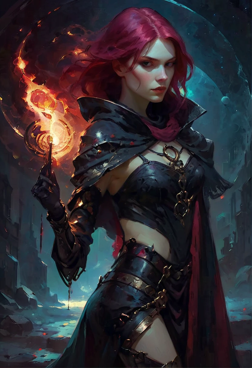 Can barely control her psionic power.
((realistic illustration:1.4)). Under a blood red supernova. beautiful 22yo Russian woman, ((revenant)), long magenta hair, fire red eyes,(Eurasian),perfect figure, small natural breasts.nice legs,((ashen complexion, very pale:1.4)),  ((sorrow, deep regret)). Eyeshadow, mascara, black lipstick. black leather bustier, black shoulder pauldrons. gauntlets, thigh high boots. ((hooded cloak, (elegant mask:1.4))). Passionate lust, violent desire that will not be denied.
(moody lighting, high contrast, core shadows), 