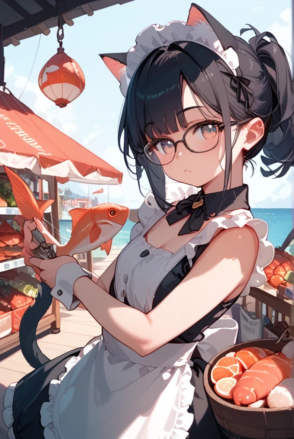 Black hair, glasses, cat ears, cat tail, maid outfit, fishing port, fish market, big fish, shopping