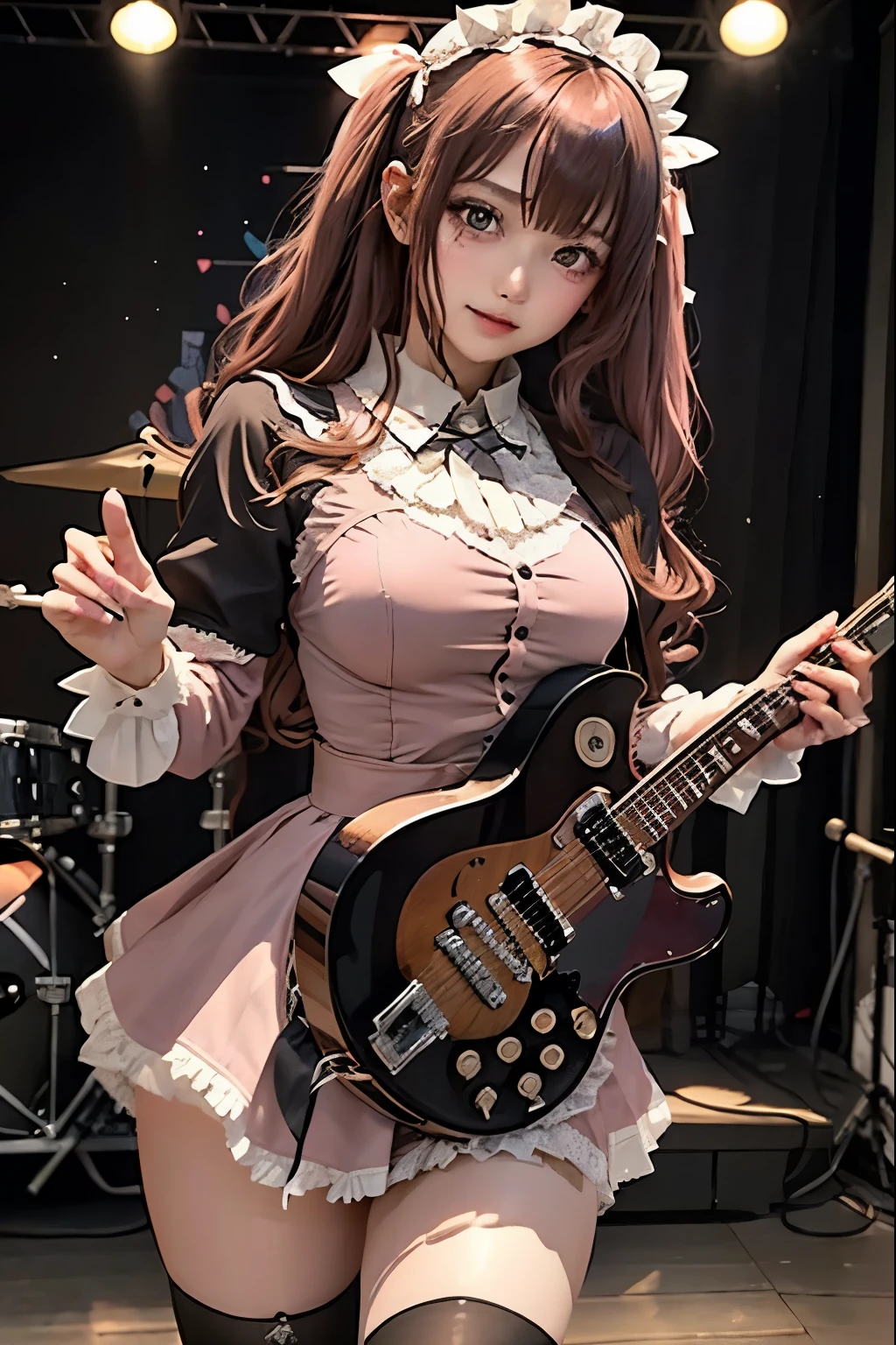 High school girl blazer、uniform、 Red Check Knee Length Skirt、 long skirt、JK Style、 jacket、smile、 knee-high socks、 thigh high socks 、 pantyhose、Superb Beauty 、Super cute、ennui、 Rare Beauty 、 twin tail hair、 Dark Dark Eye Shadow 、 sad、Skin radiance、 long hair straightener 、 Dark Gothic Makeup 、Dark Smile、 Fragrant Beauty 、 Stained Glass Background 、masterpiece、 best quality、See 5 books、Sweat glistening on my chest、Sweat glistening on the face、 smaller breasts、Dark pink hair、22 years old、Slightly slim、 Mysterious Expressions 、Sad look、 pink hair、mysterious gothic church、 Fascinating Castle 、Excessive sweating all over the body、Thighsに大量の汗と光、光沢のあるThighs、Thighs、Thighsに大量の汗が光る、 I sweat a lot、Gal、 smaller breasts、 Japanese face 、 Seductive Expression 、細いThighs、Playing guitar、 holding an electric guitar 、Sing passionately、バンドでPlaying guitar、 Playing Guitar Chords 、 Live House Background 、 songs、 open your mouth 、 Live House Scenery 、 microphone stand、 gorgeous live stage 、 Dynamic Angles、