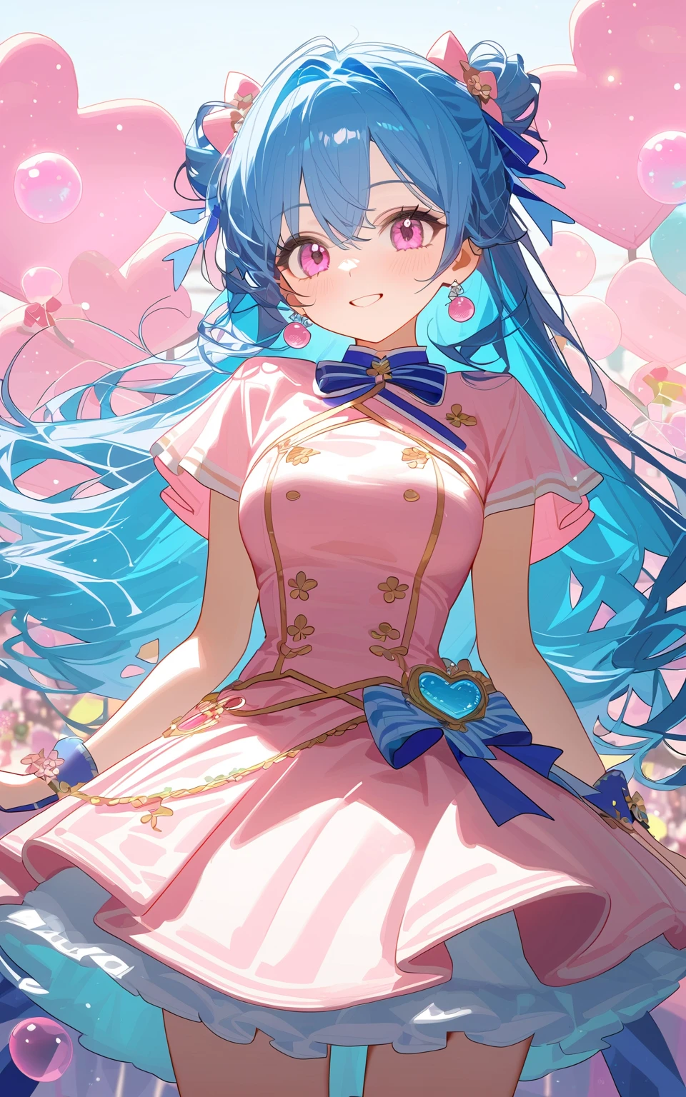 1girl, best quality, blue ribbon, blue hair, smile, idol unifrom, long hair, stand, idol stage background, pink tone, cute style, girly, sweet decoration, pink bubbles, candy color scheme, dreamy scene, exquisite details, small and exquisite, sweet atmosphere, romantic elements, girlish sentiment, pink color, cute decorations