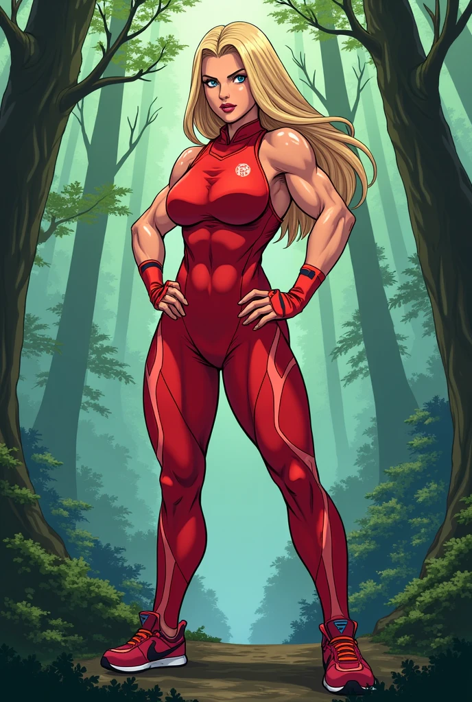 ((Standing in forest)),FemaleTitan, giant, in a forest, woods in the background, volumetric fog, skinned, visible muscle fiber, (muscle fiber), blonde hair, blue eyes, RAW, 1girl, colorful, (masterpiece, best quality), (gigantic breasts:1.2), (uniboob:1.5) (detailed skin:1.3, detailed face:1.3), dslr, realistic, warm colors for picture, delicate, cinematic lighting, green woods,