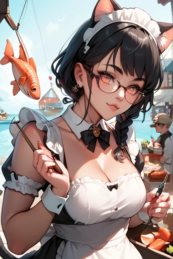 Black hair, glasses, cat ears, cat tail, maid outfit, fishing port, fish market, big fish, shopping