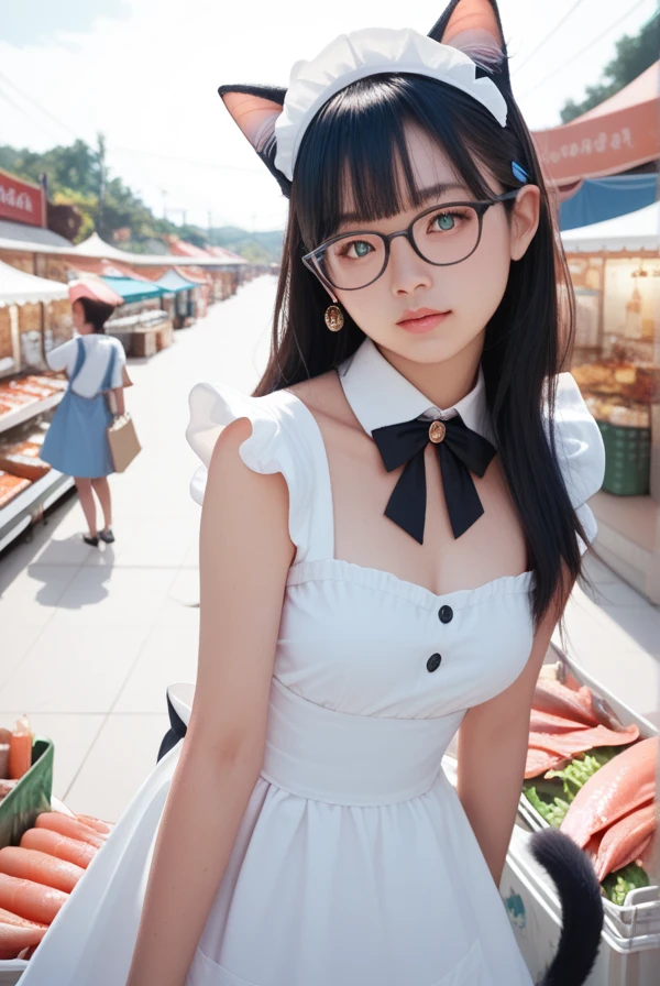 Black hair, glasses, cat ears, cat tail, maid outfit, fishing port, fish market, big fish, shopping