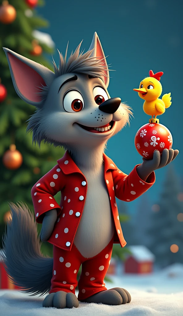 Shaggy wet gray good wolf in polka dot pajamas with a small yellow chicken hanging a Christmas glass ball on top of a giant Christmas tree, huge eyes, mustache, smiling, detailed drawing,
Artvl, Depth of Frame, Volumetric Style of Disney Pixar