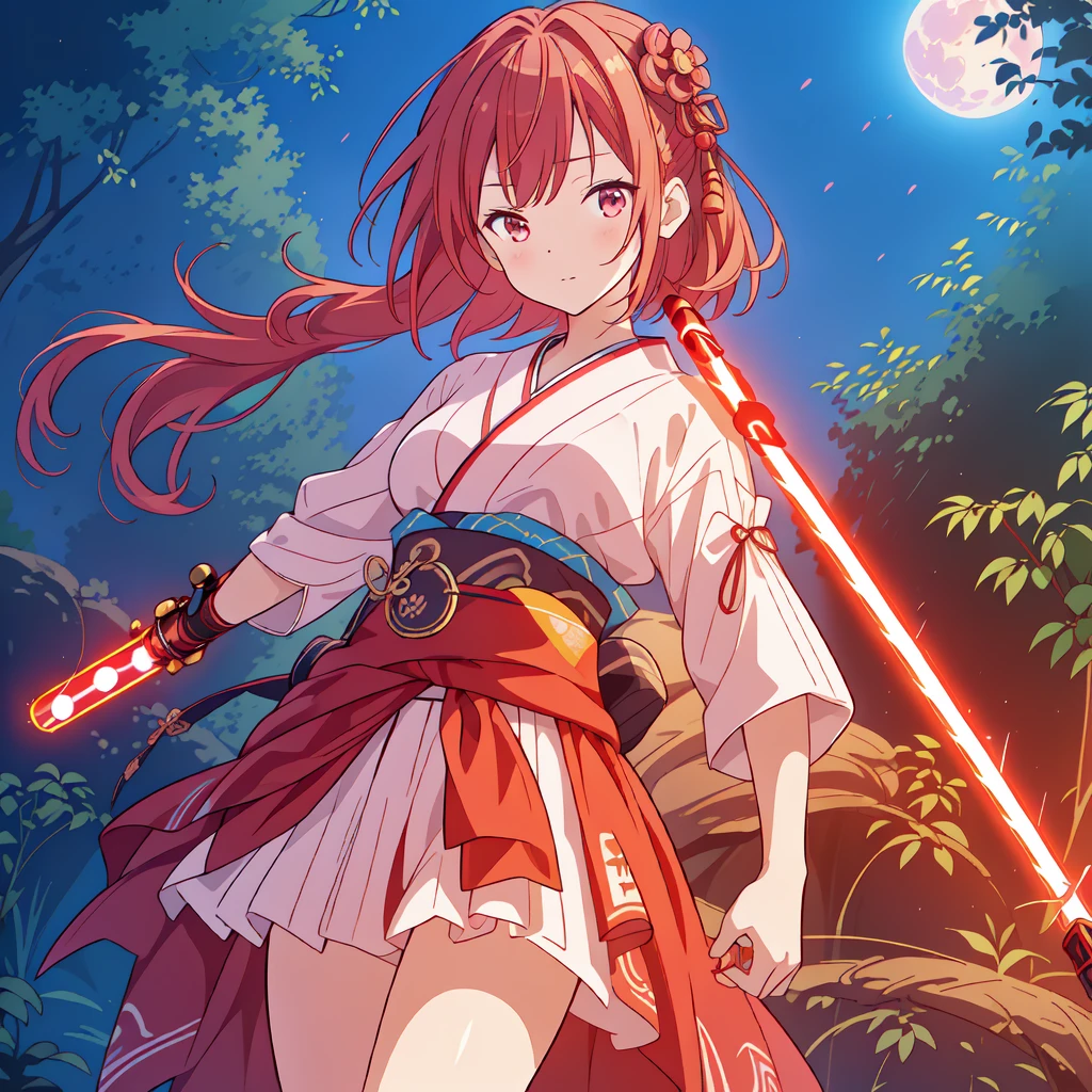 1girl,((( Best Composition 、 best quality、 masterpiece、Super detailed、 high definition、32K,CG,HHD))),Oiran、((( lightsaber around my waist))),Neon light background 、The moment I'm waving my lightsaber、Mini-length kimono、Bright red full moon、The red light of the moon illuminates the world I'm wearing a 、