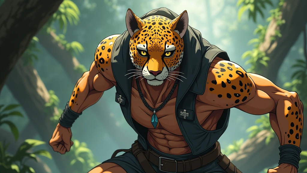 anthro, jaguar, solo, male, adult, veiny muscles, muscular, buffed body, military pants, war hero, serious look, small eye, furred body, detailed background, wilderness background, clear weather, realistic, photorealistic, ultra realistic, 8k, bare-chested, red armband, black nipples, black eyes, tight big crotch, shirtless, red scarf, red headband, utility belt, glistening skin