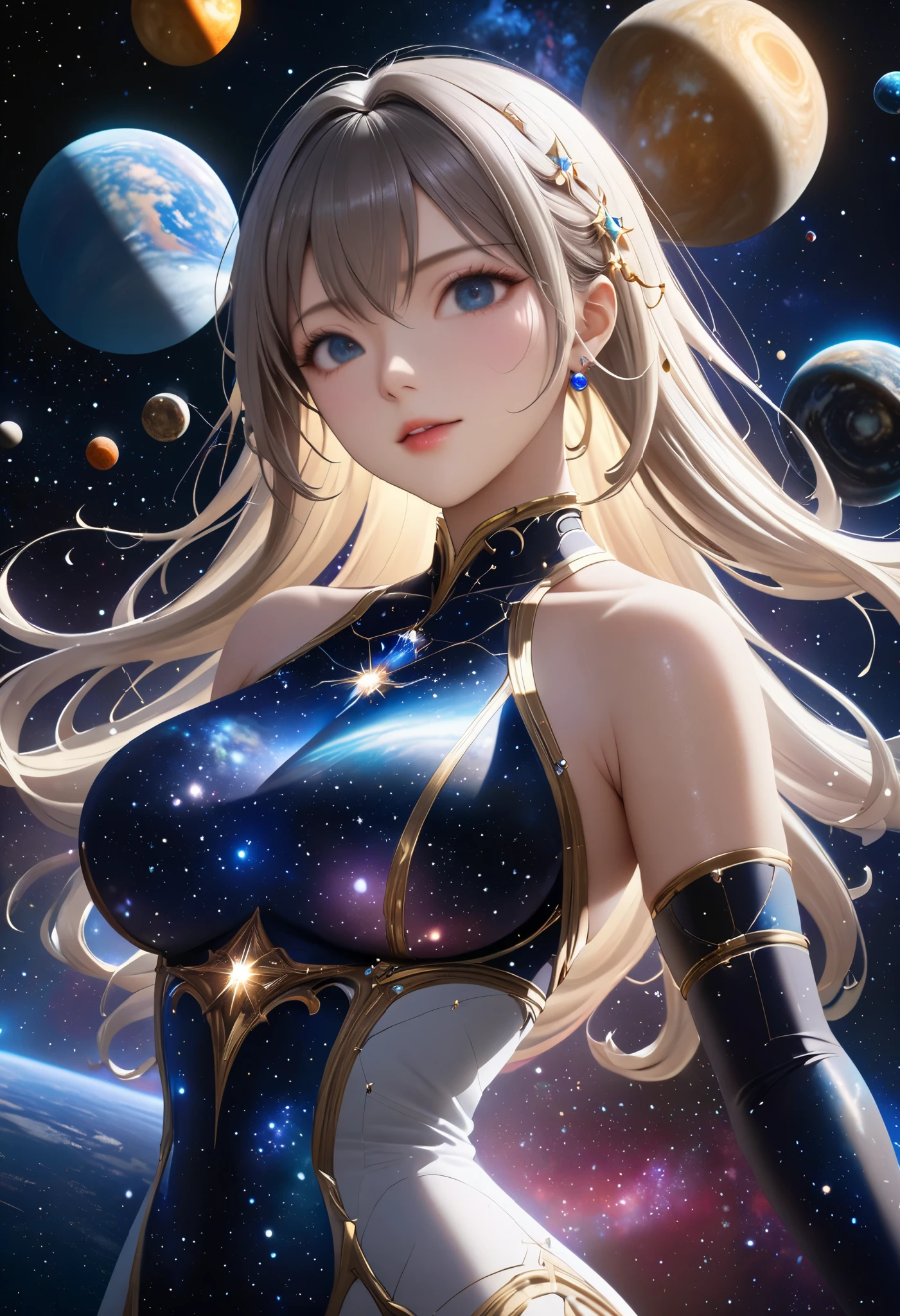 masterpiece, 最 High Quality ,  High Quality , 8k,  depth of field,  high definition , Realistic,  very detailed, Complex,  high detail, universe, space, milky way, star, 惑star, Celestial Bodies, solar system, universe線, 超新star, Deep space, There is only one goddess,  most beautiful woman with hanging eyes, universeに浮かぶ, digital illustration art,  