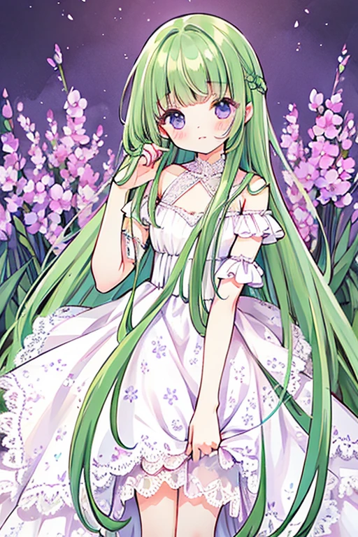 long straight green hair, purple eyes, blunt bangs, white lace dress, blushing, calm, iris field