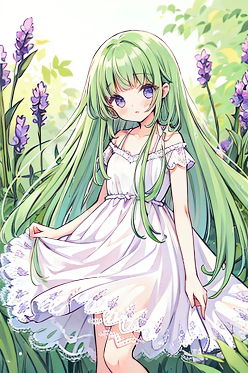 long straight green hair, purple eyes, blunt bangs, white lace dress, blushing, calm, iris field