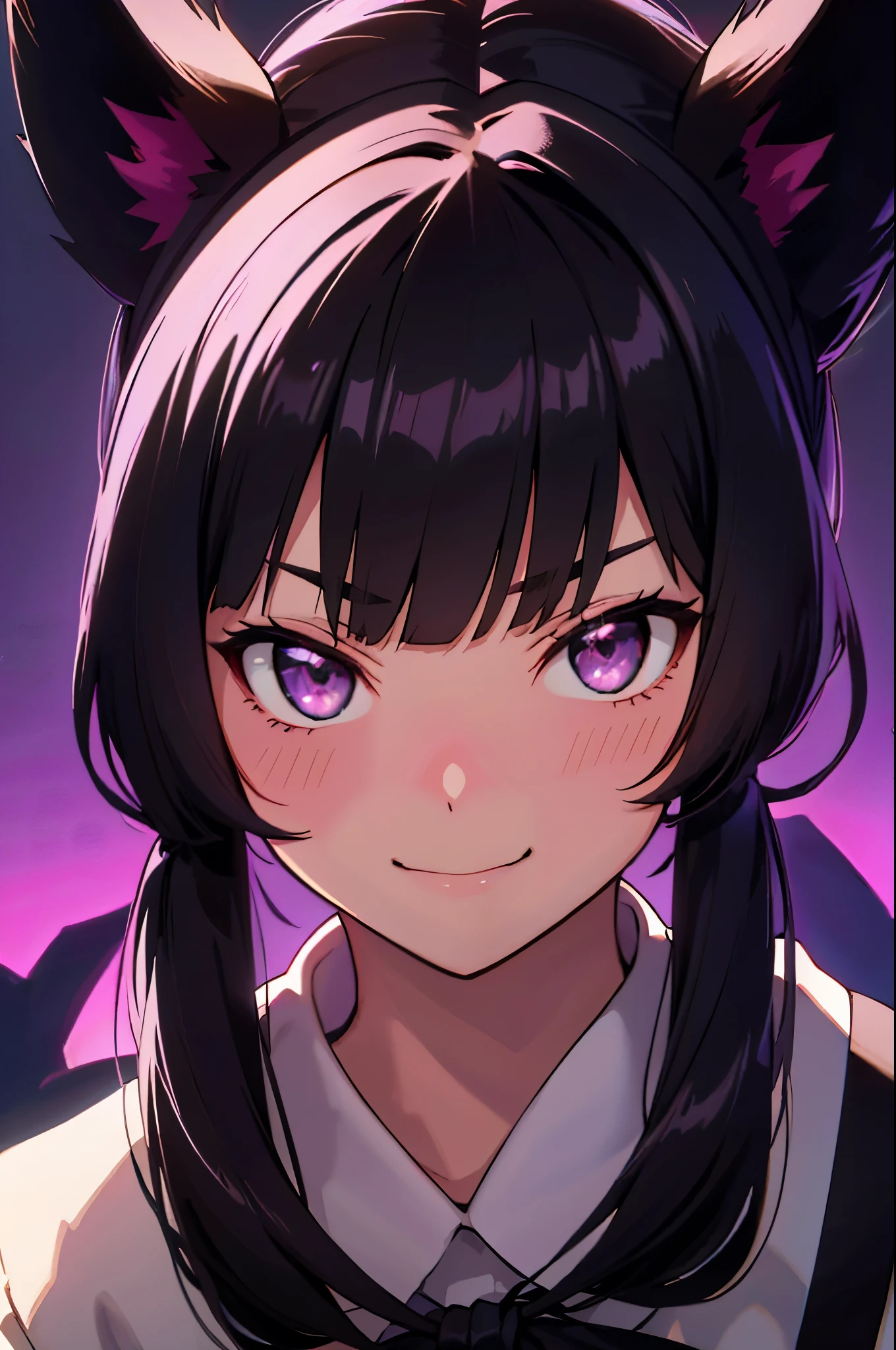 black hair, hair bobbles, wince, longeyelashes, solid circle eyes, fake animal ears, light smile, ear blush, fang, ccurate, blunt bangs, Surrealism, drop shadow, anaglyph, stereogram, tachi-e, pov, atmospheric perspective, Surrealism, rococo style, cinematic lighting, 8k, super detail, best quality