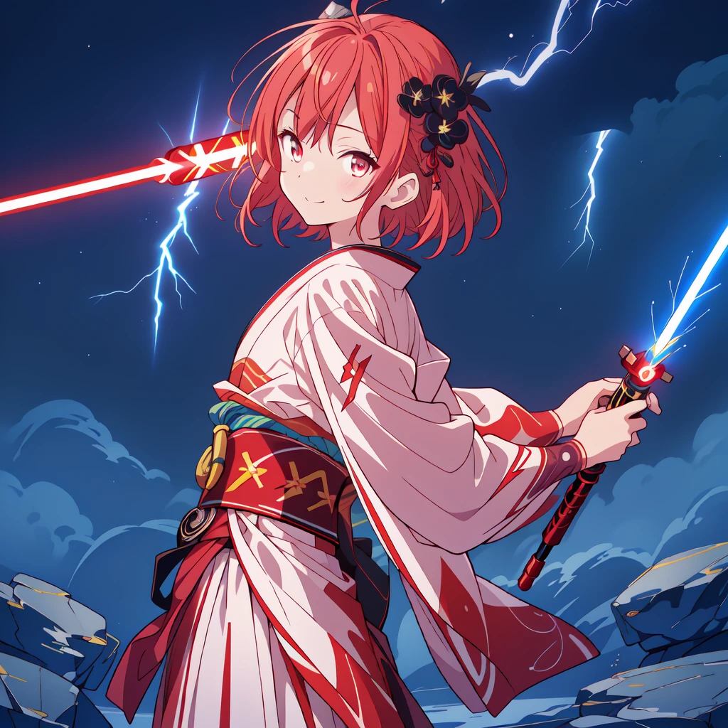 1girl,((( Best Composition 、 best quality、 masterpiece、Super detailed、 high definition、32K,CG,HHD))),Oiran、((( lightsaber around my waist))),Neon light background 、The moment I'm waving my lightsaber、Mini-length kimono、Bright red full moon、The red light of the moon illuminates the world I'm wearing a 、smile、strongest、star、流star群、universe、(((backlighting,silhouette,glowing eyes,glaring,lightning,shadow))),