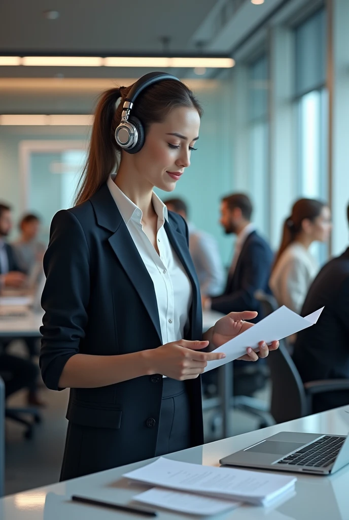 Beautiful blonde with large breasts in a gray suit (Taking a break in the office late at night),Wearing headphones,Very detailed, 21 years old, Innocent face, Naturally Wavy Hair, blue eyes, High resolution, masterpiece, Highest quality, Intricate details, Very detailed, Clear focus, Delicate skin, practical skin texture, texture, Delicate eyes, Professional, 4K, Cute Smile, Shot with Canon, 85mm, Shallow and deep, Kodak Vision Color, Exactly, Very detailed, photograph_\(Extremist\), photographpractical, practical, Post-processing, Maximum details, Roughness, Real Life, Extremist practical, Photorealism, photographgraphy, 8K Ultra HD, photographgraphy