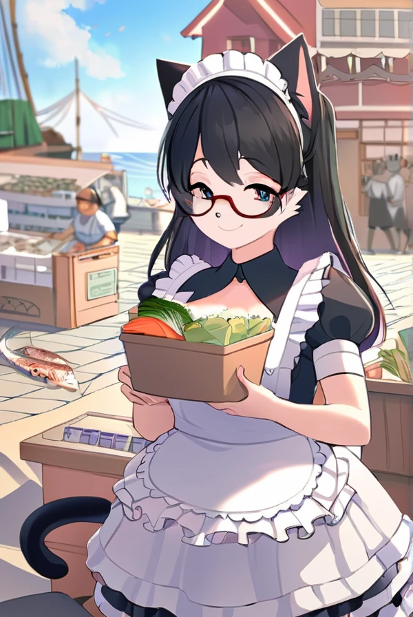 Black hair, glasses, cat ears, cat tail, maid outfit, fishing port, fish market, big fish, shopping