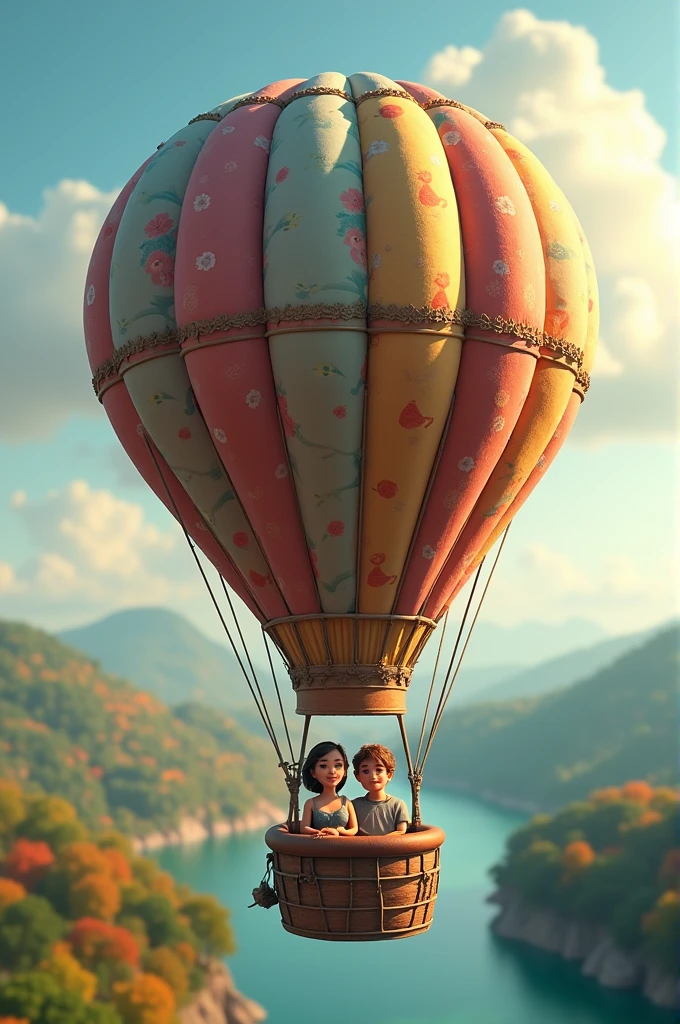 **Gas Balloon**: Imagine a big colorful gas balloon, maybe with a bright color like blue or red. He's floating in the air, tied by ropes that hold him to the ground.
2. **naughty girl**: In the balloon, visualize a girl with curly black hair, wearing a white blouse. She has black eyes and is showing a look of concentration or relief as she removes weights from the balloon..
3. **Child boy**: next to her, a white boy with black wavy hair and black eyes is helping. He is wearing a red shirt and is carrying a gray backpack., With jeans. He is also pulling or removing weights that are holding the balloon down..
4. **Pesos**: In the balloon, You can imagine weighted bags or small objects that are hanging down and that the boy and her are removing to allow the balloon to rise..