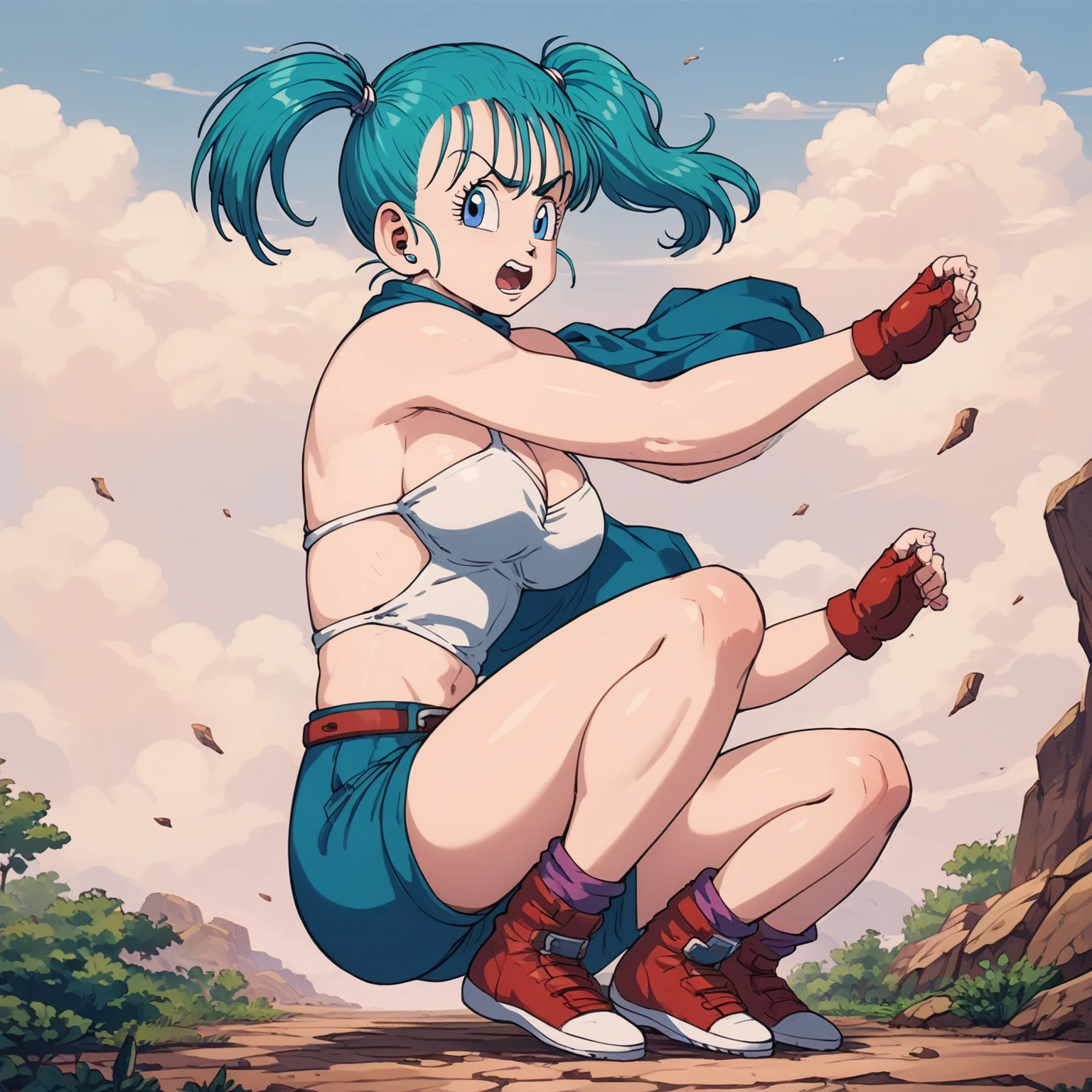 Background is sky.Five clones of Bulma Lie down with wearing white bikinis,Big Breasts,Knocked Down.Their bodies are losing balance, with limbs spread out. Their expressions are fearful, with furrowed brows and mouths open in a scream.punching, raising their hands, kicking, and reaching out. They look terrified, frown, and open their mouths to scream. Side view，Standing on the rocks of the cliff, the rocks under my feet suddenly collapsed, my body fell, and I screamed in fear. 