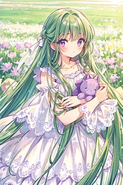 long straight green hair, purple eyes, blunt bangs, white lace dress, blushing, calm, iris field