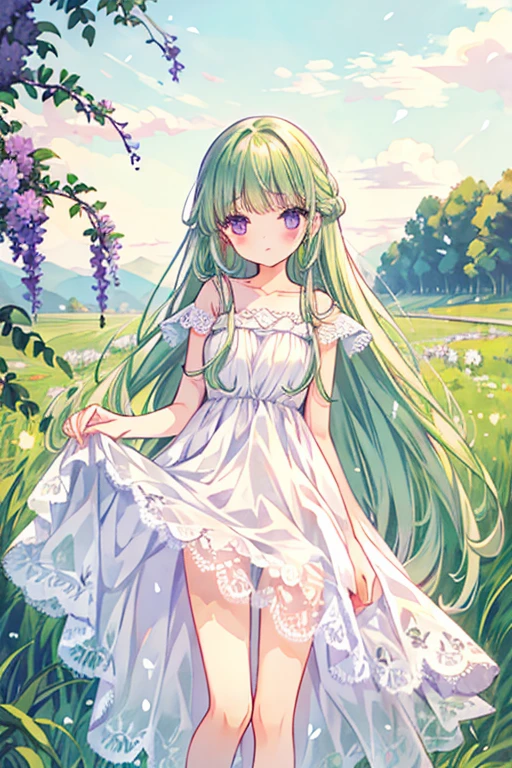 long straight green hair, purple eyes, blunt bangs, white lace dress, blushing, calm, iris field